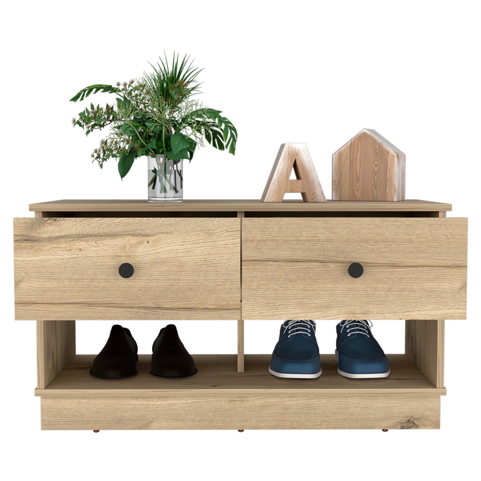 Light oak hall table with two drawers and open shelving for shoes