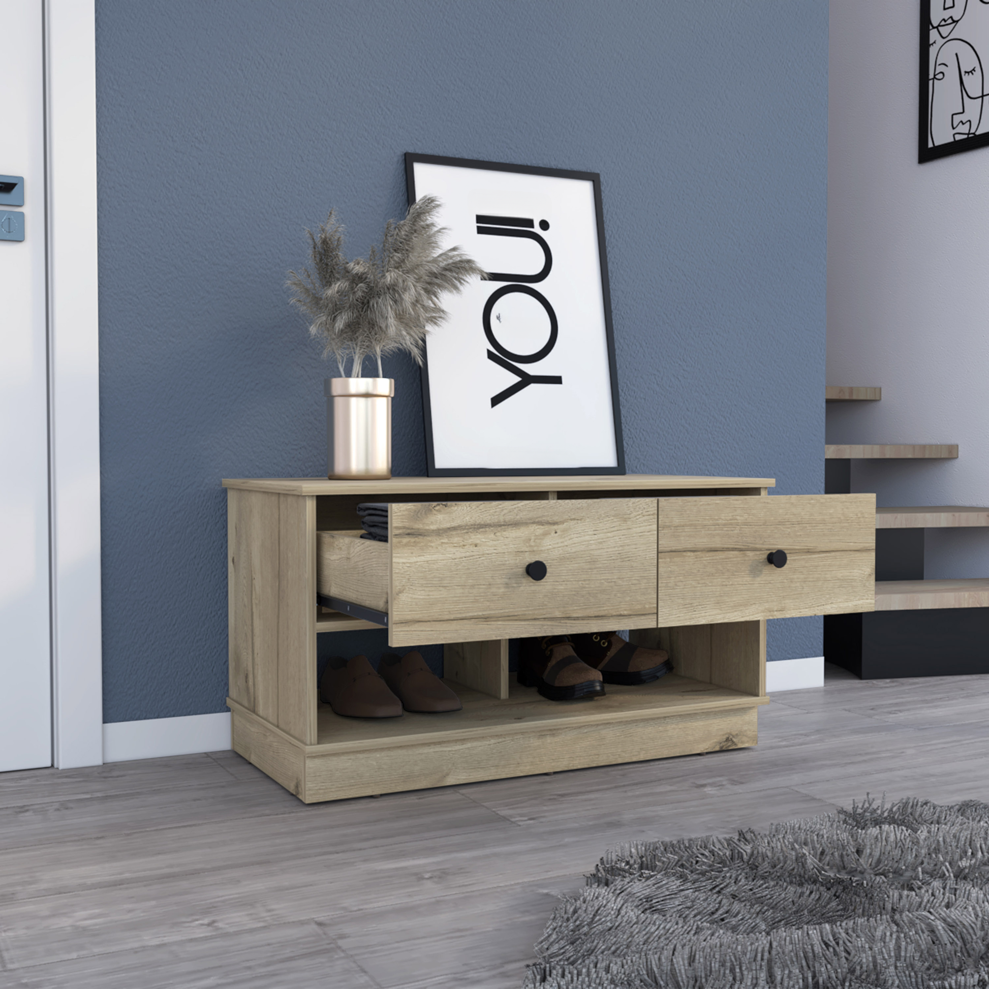 Modern oak entryway bench with two drawers and open shoe storage