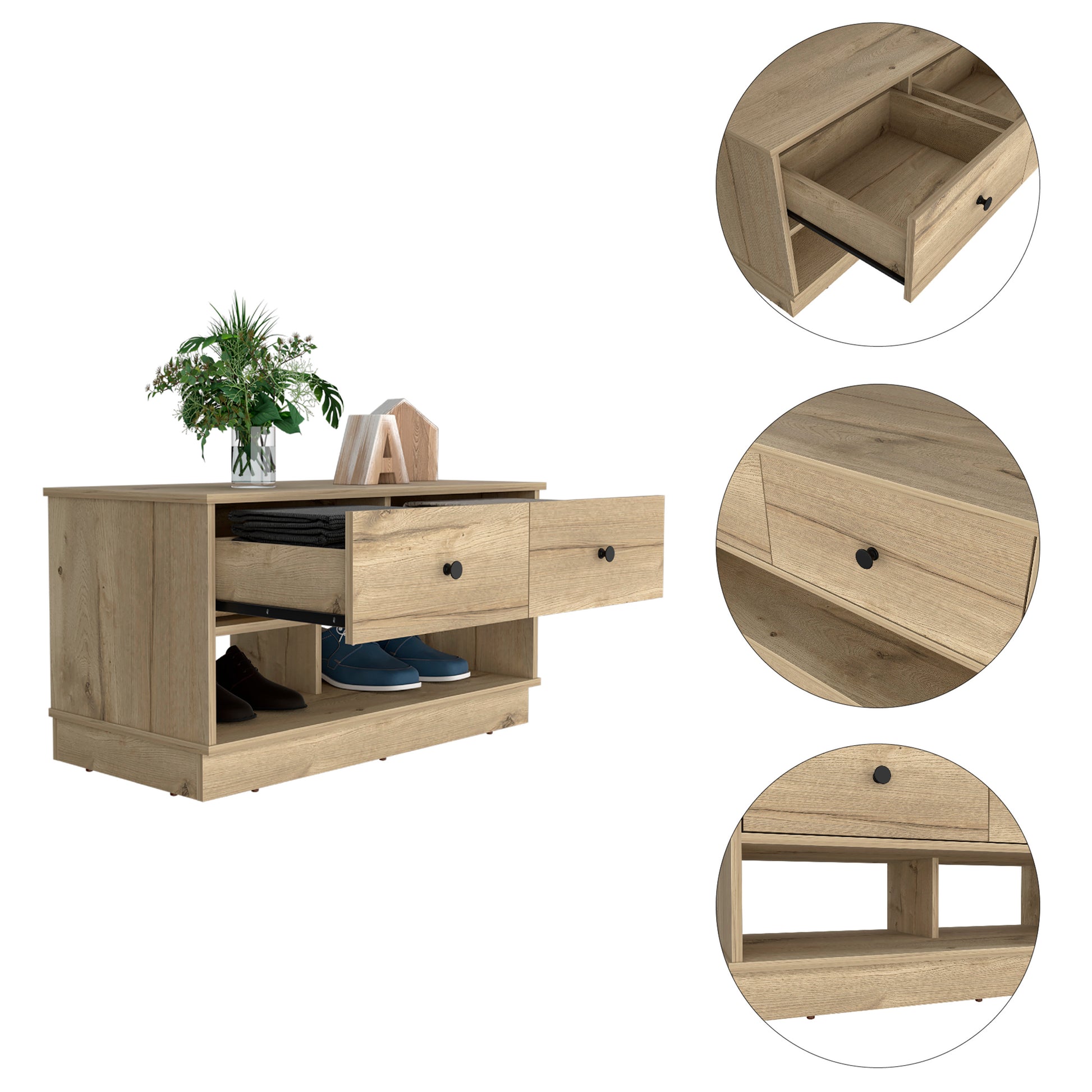 Wooden entryway bench with open shoe shelves and a drawer