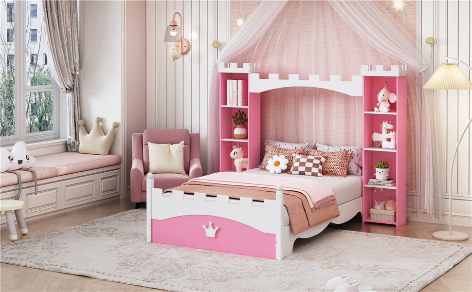 Pink and white castle bed with crown detail for kids