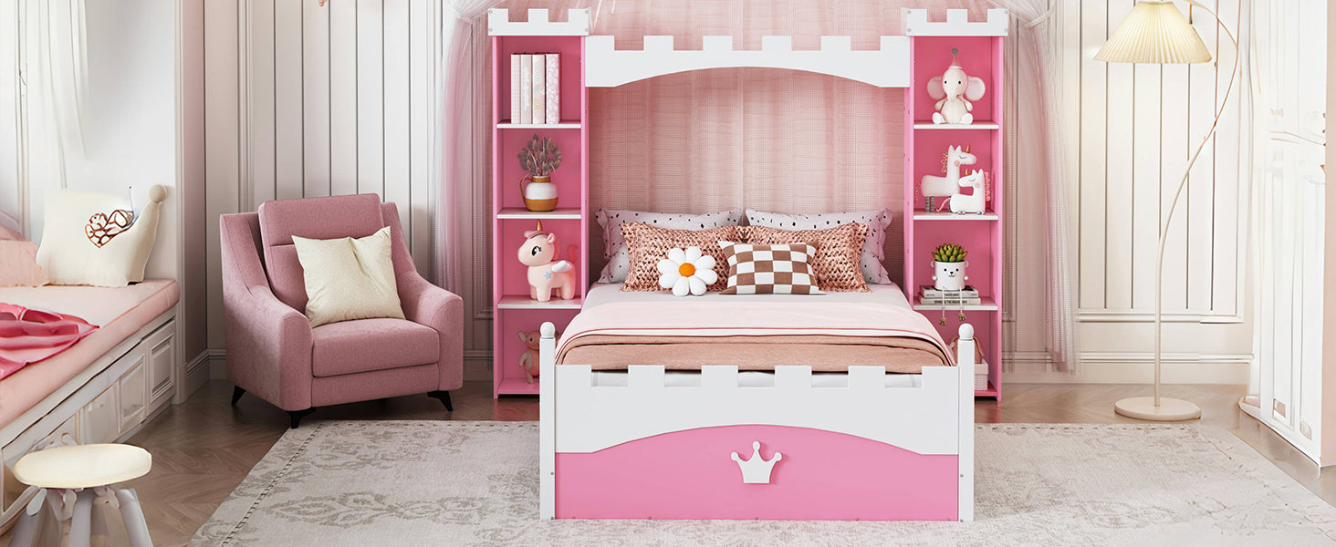 Pink castle bed frame with crown detail for childrens room