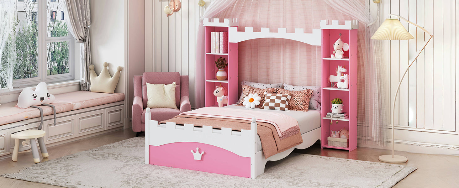 Princessthemed twin bed with white and pink castle design headboard and footboard