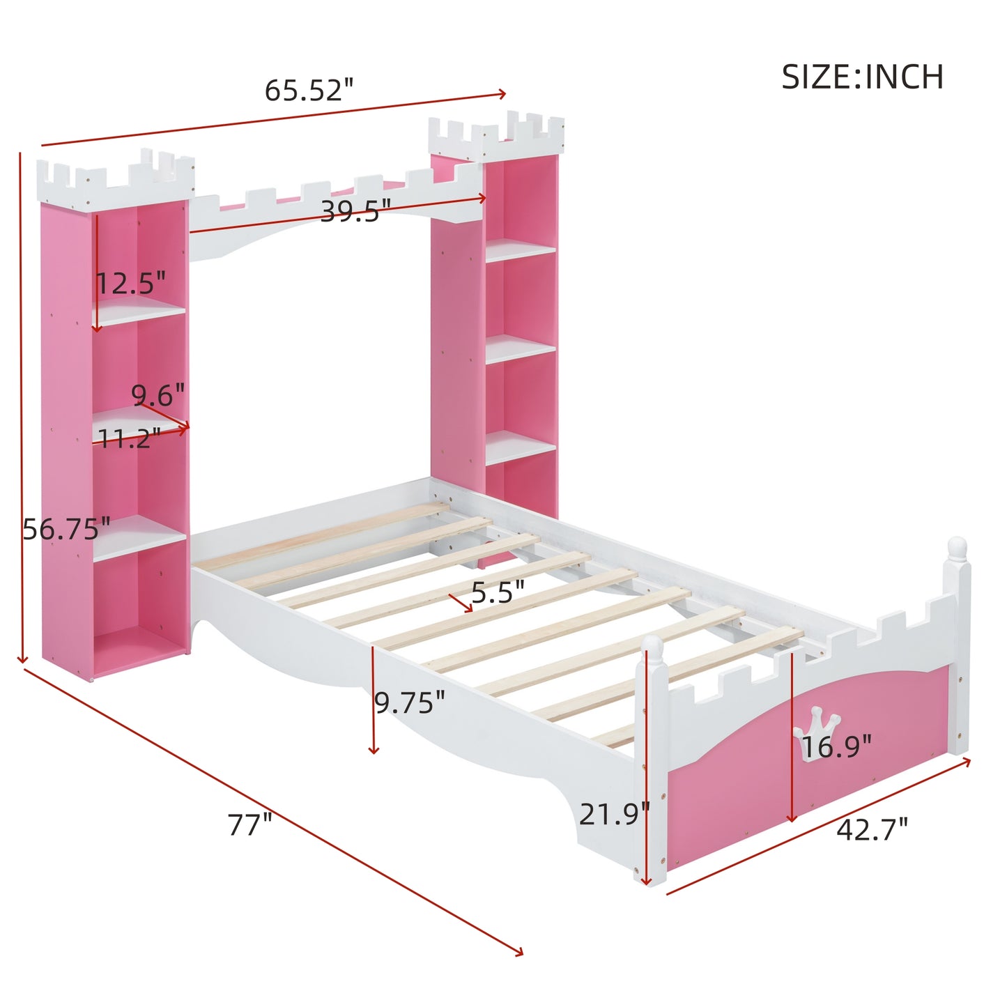 Pink and white castle bed frame with shelves and dimensions labeled