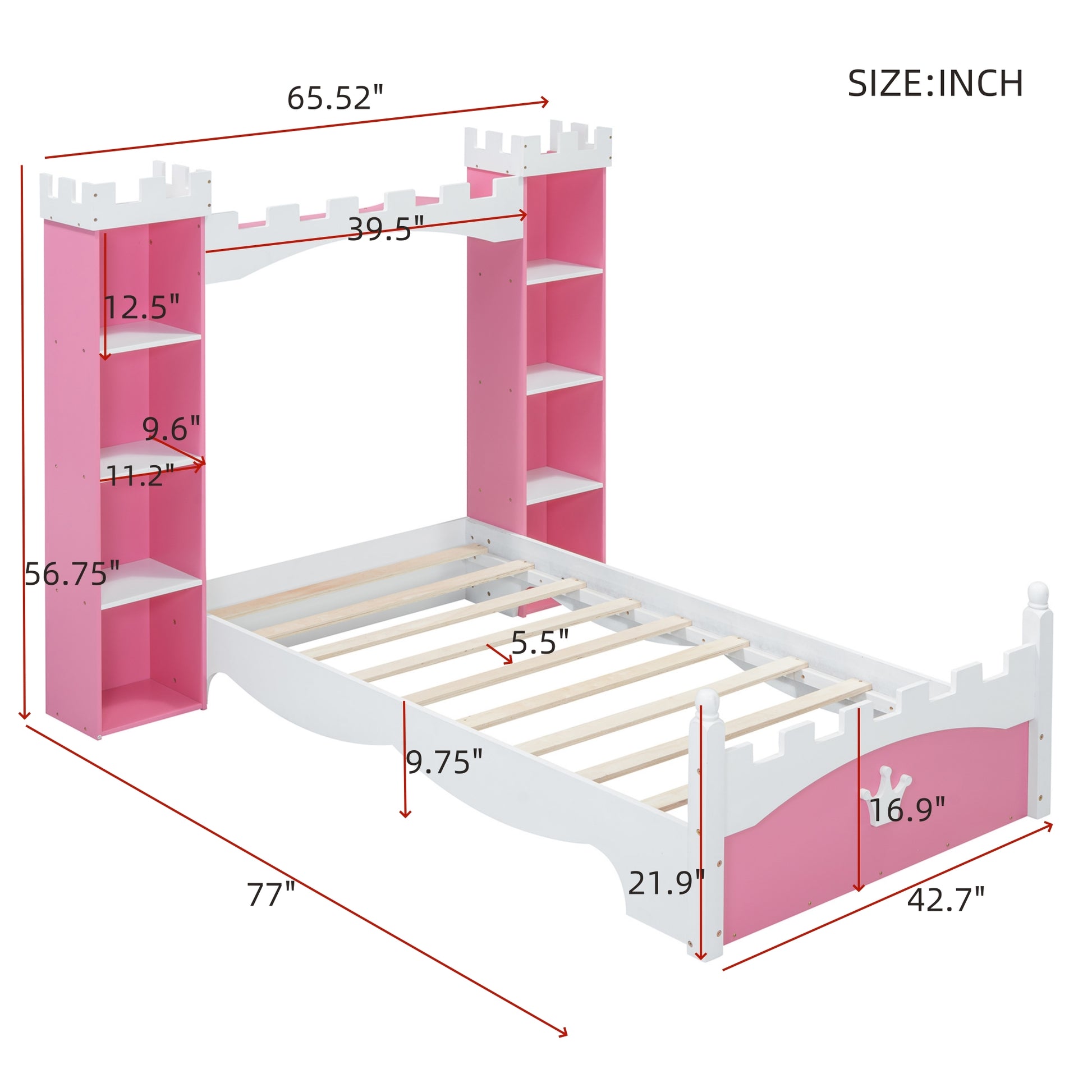 Pink and white castle bed frame with shelves and dimensions labeled