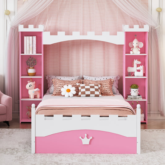 Pink and white castle bed frame for kids room