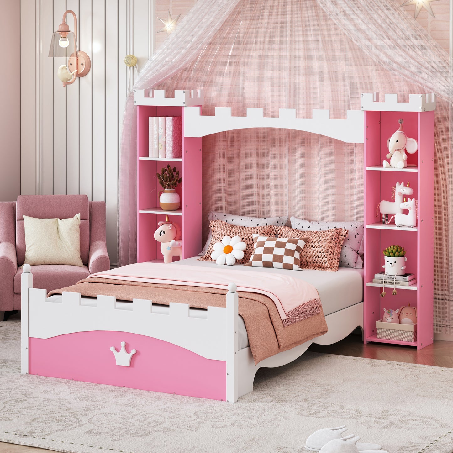Pink castle twin bed with white trim and crown detail