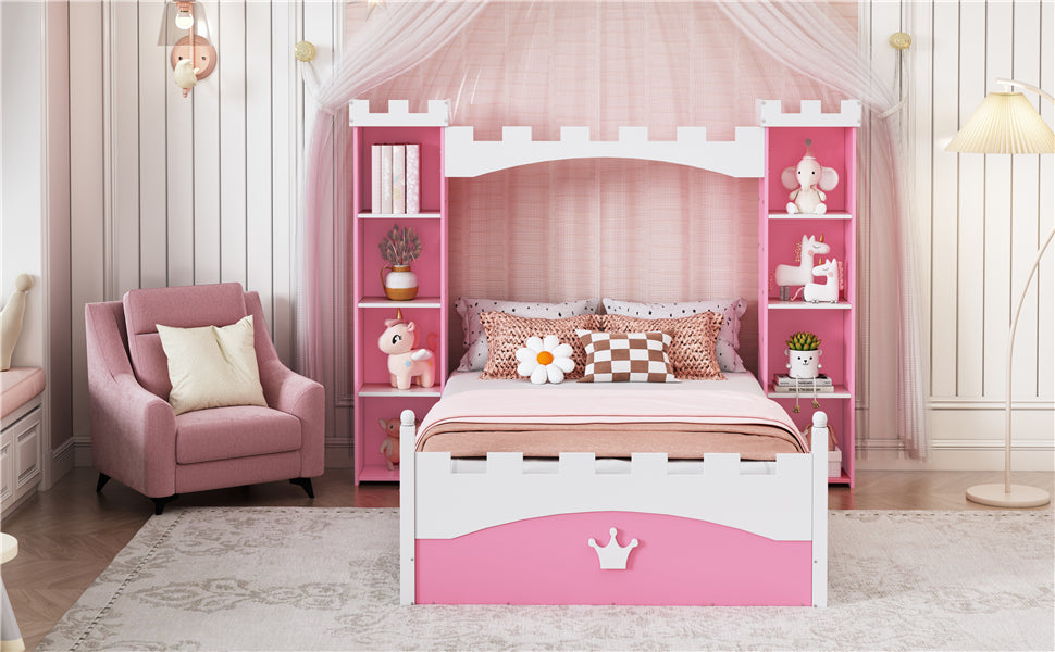 Pink castle bed with integrated bookshelves and unicorn accents for a childs room