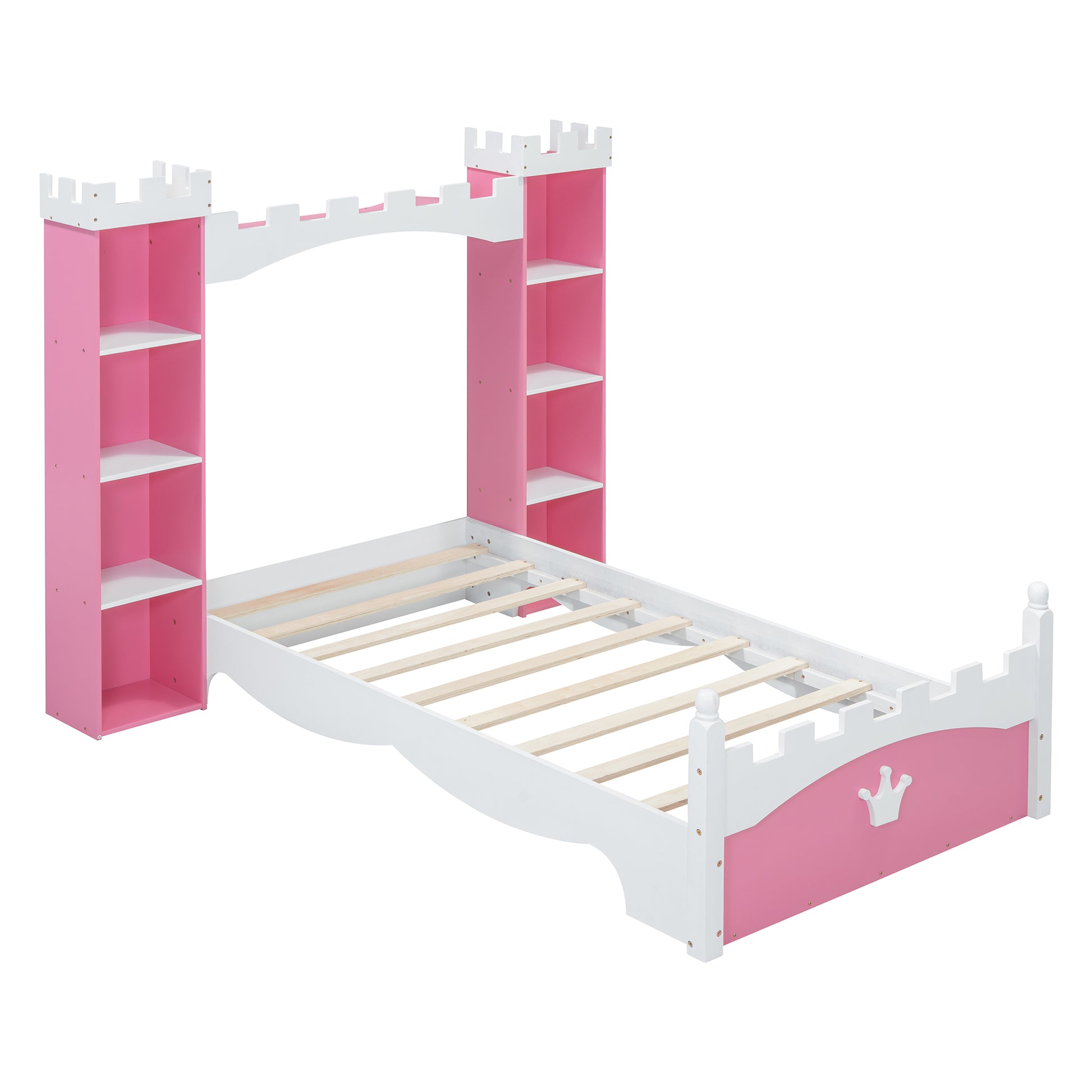 Pink and white twin castle bed with builtin shelving