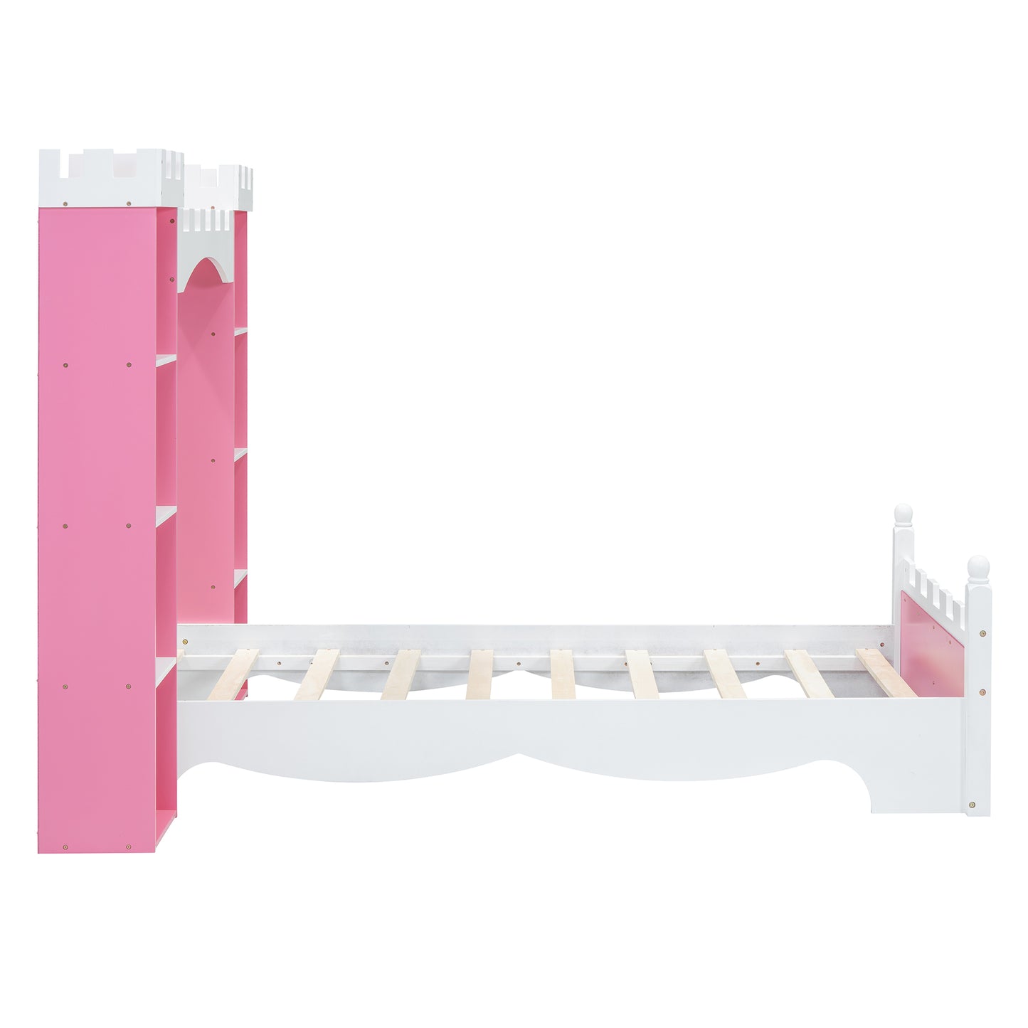 Pink and white castle twin bed with integrated bookshelves