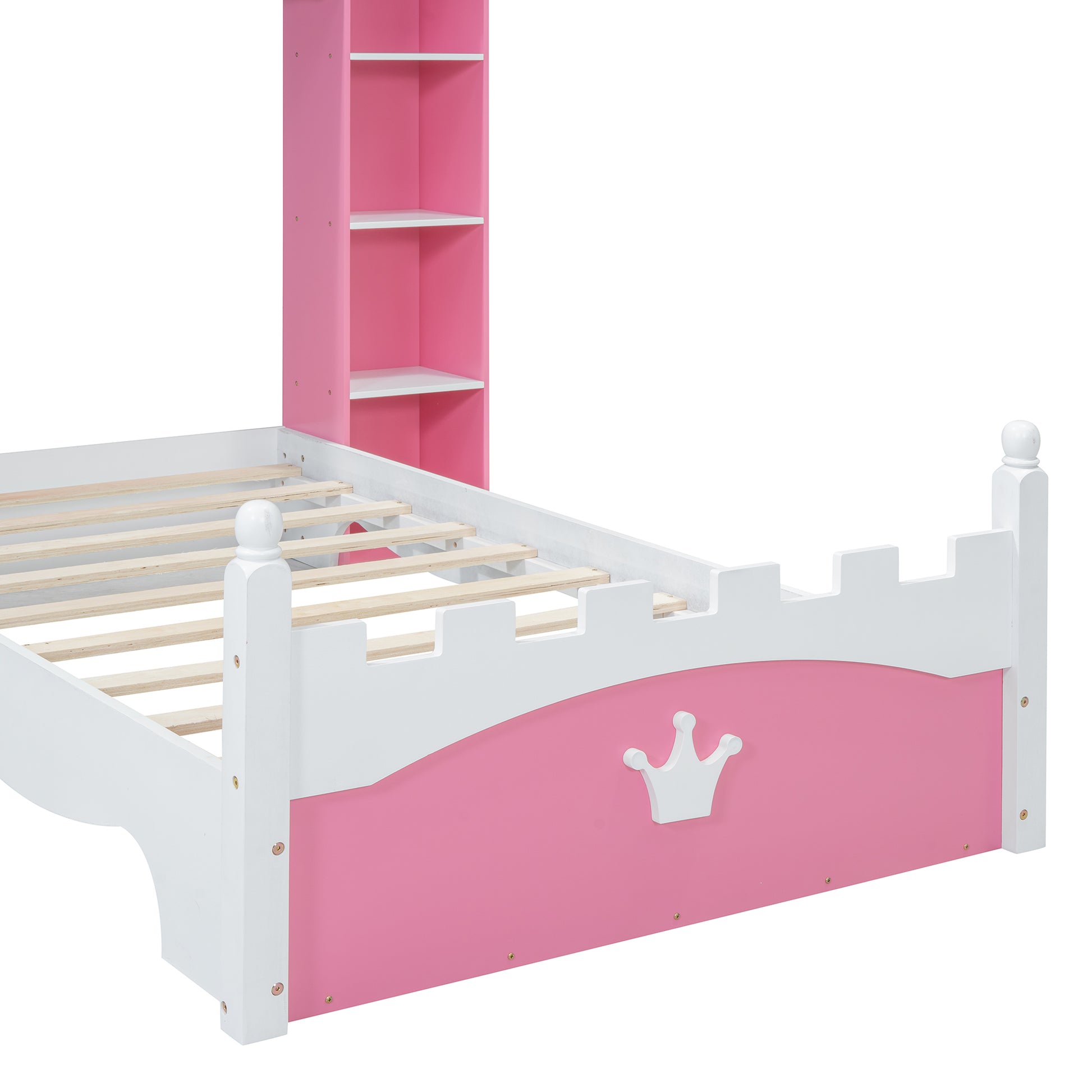 Pink and white twin bed frame with castle detailing