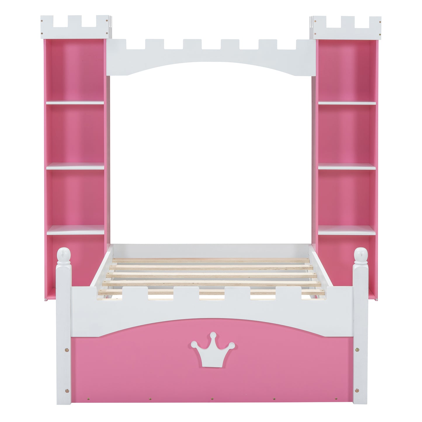 Pink and white castle bed frame with shelves