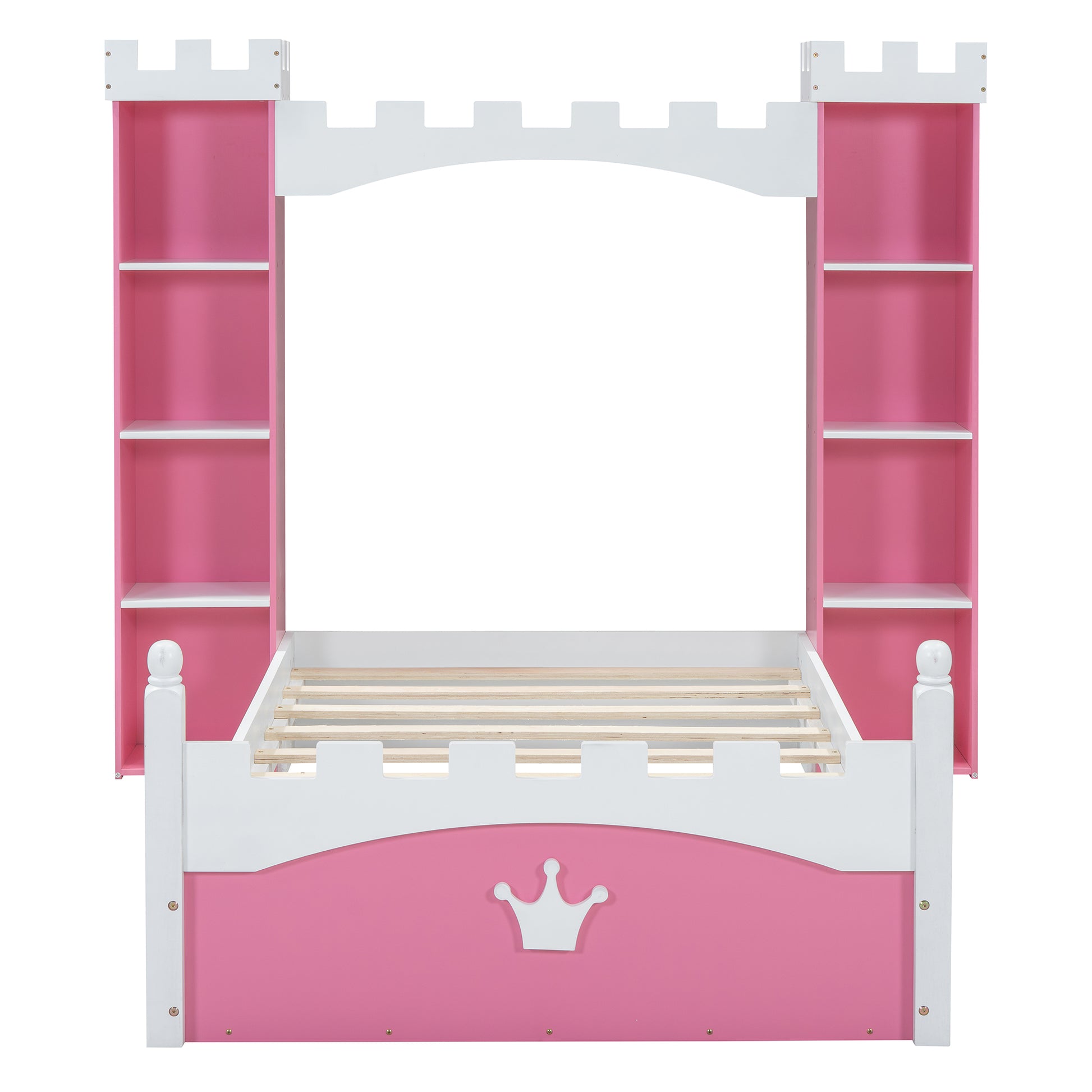 Pink and white castle bed frame with shelves