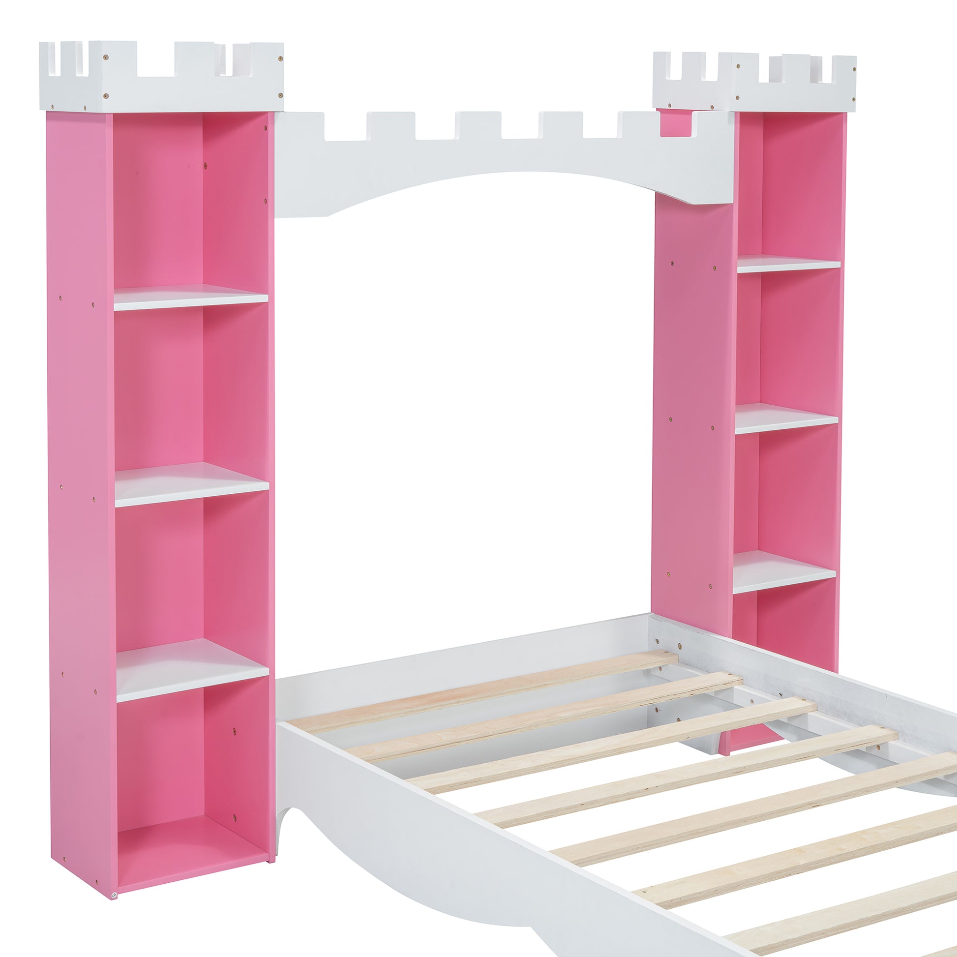 Pink and white castle bed frame with integrated bookshelves