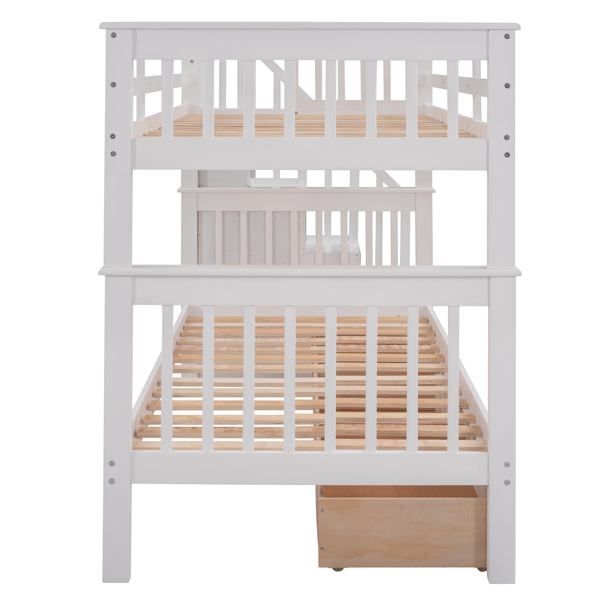White wooden bunk bed with pullout drawer