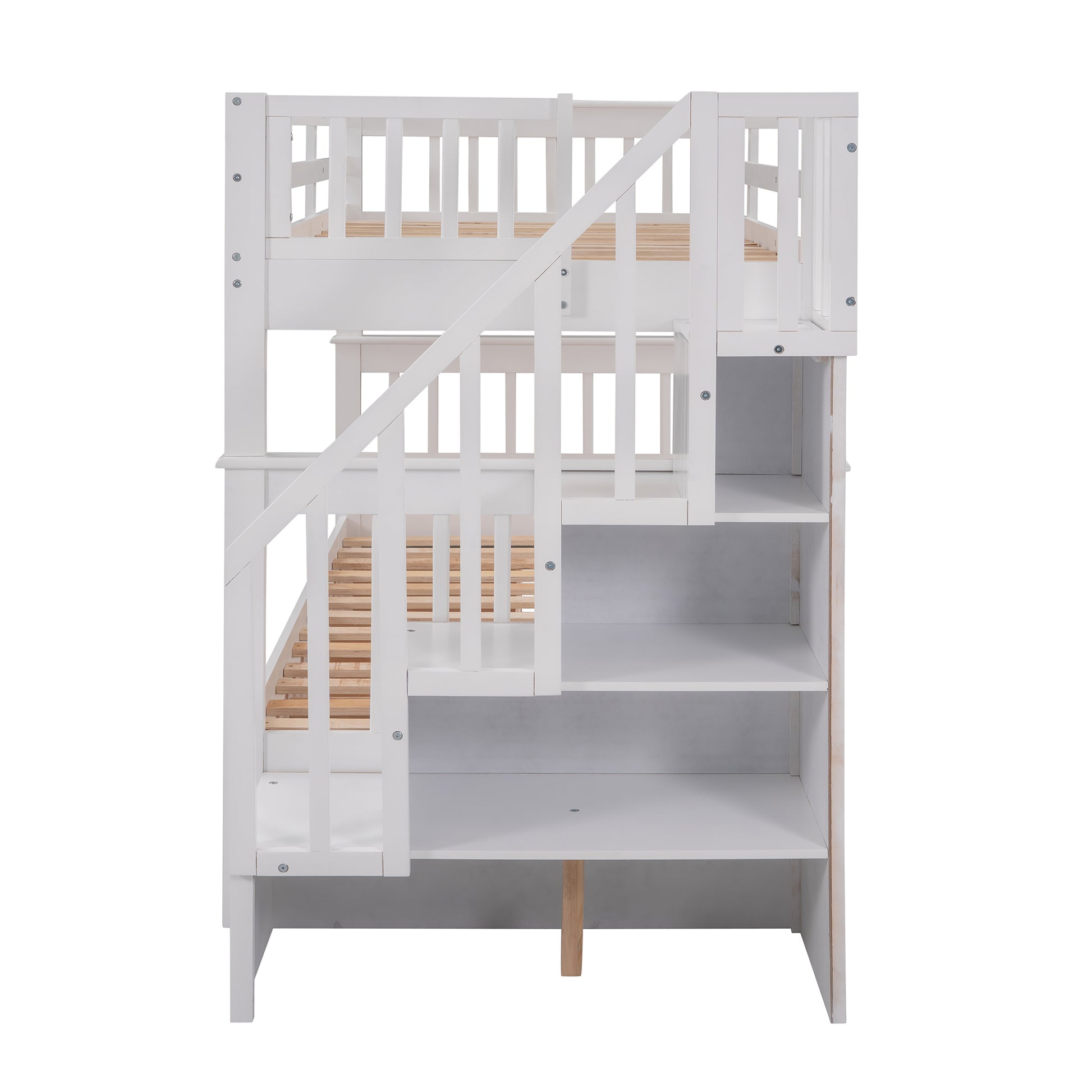 White wooden bunk bed with staircase and shelves