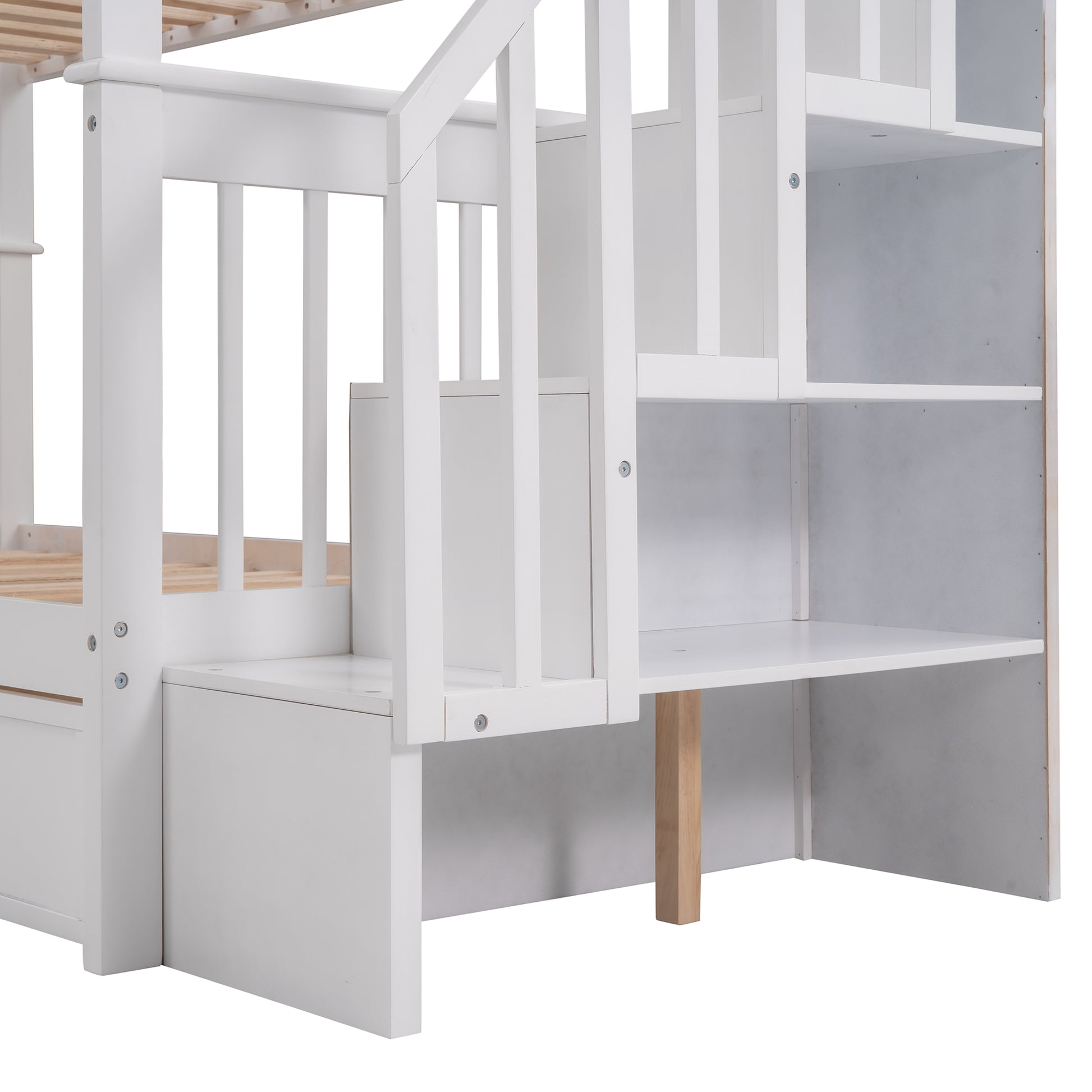 White wooden bunk bed with integrated stairs and shelving