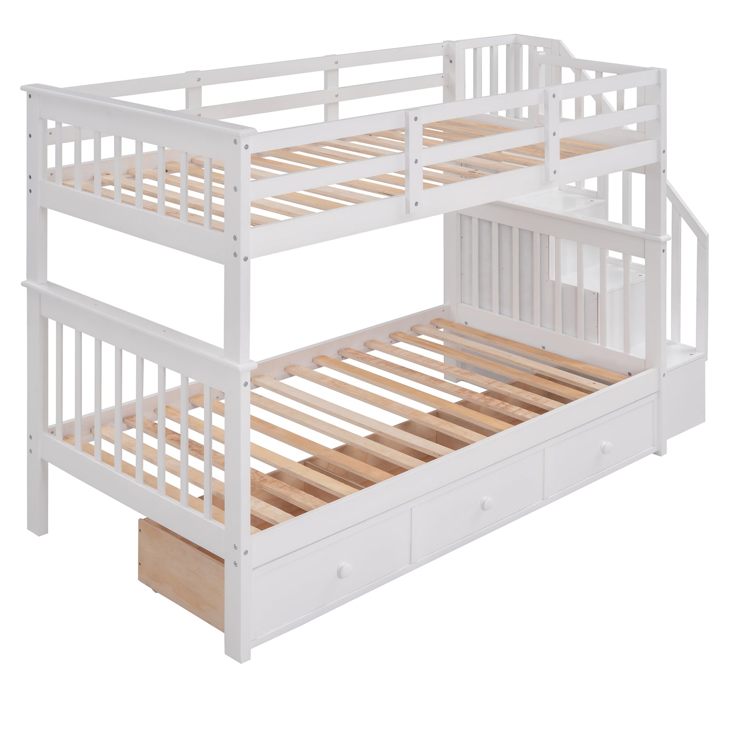 White wooden bunk bed with stairs and storage drawers