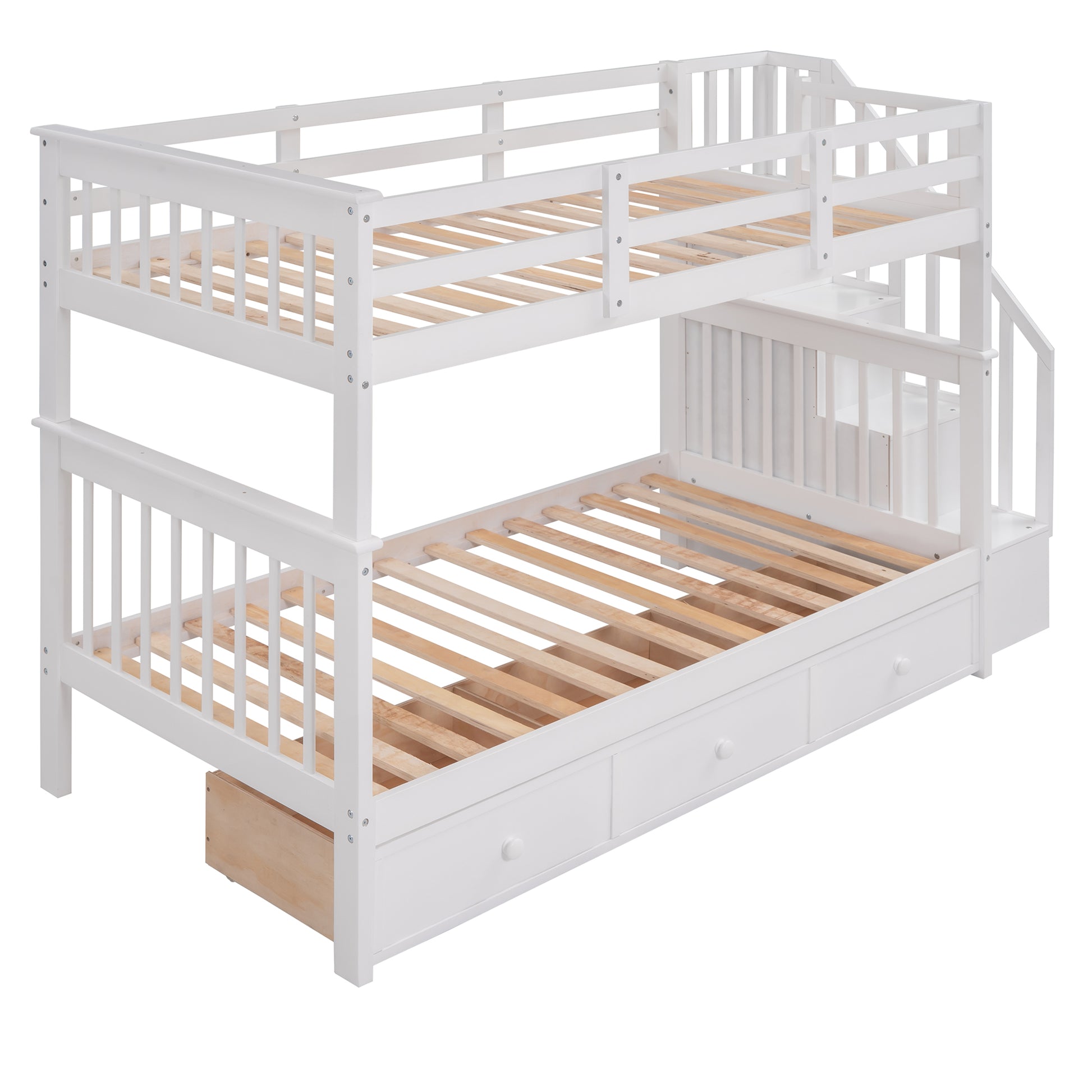 White wooden bunk bed with stairs and storage drawers