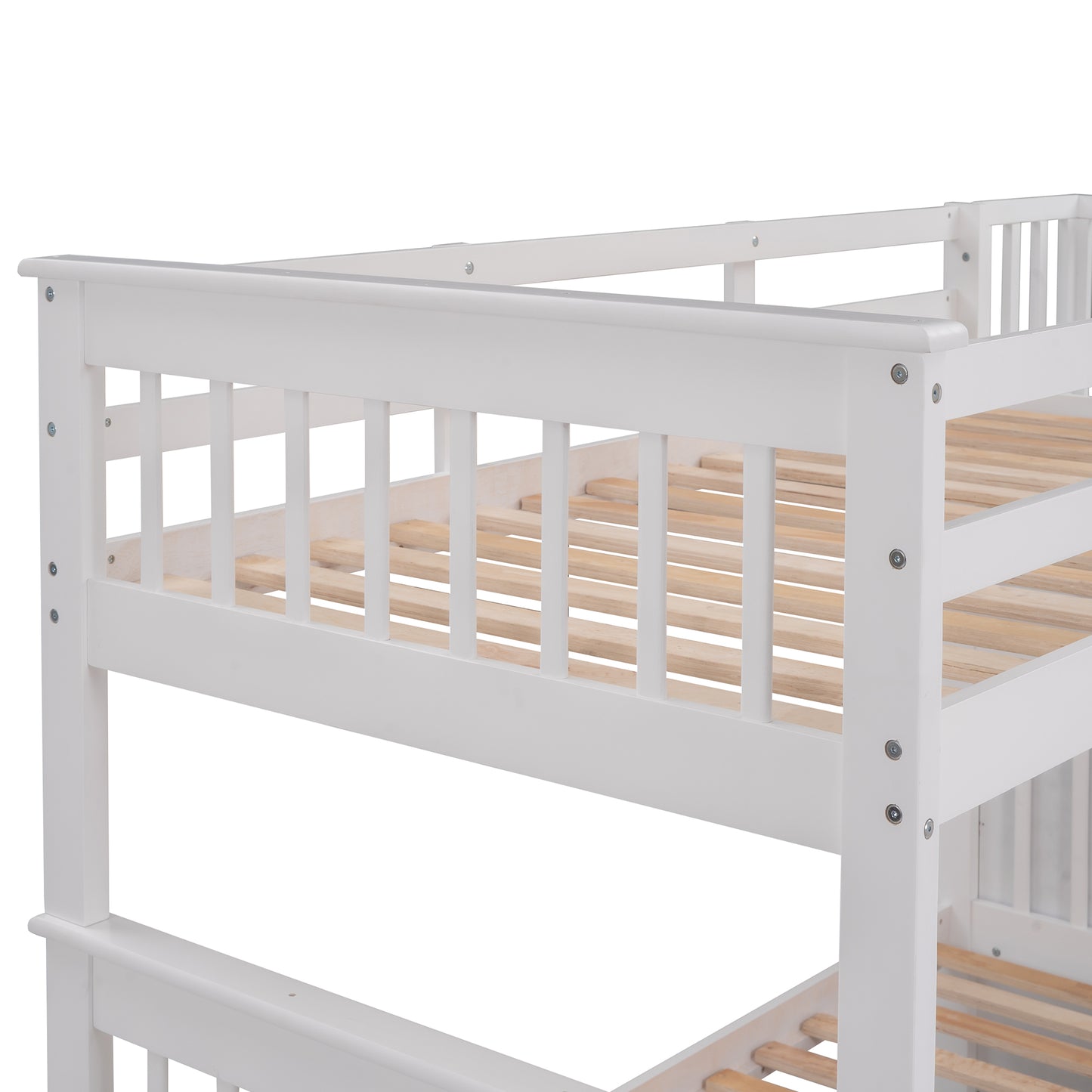 White wooden bunk bed frame with slatted base