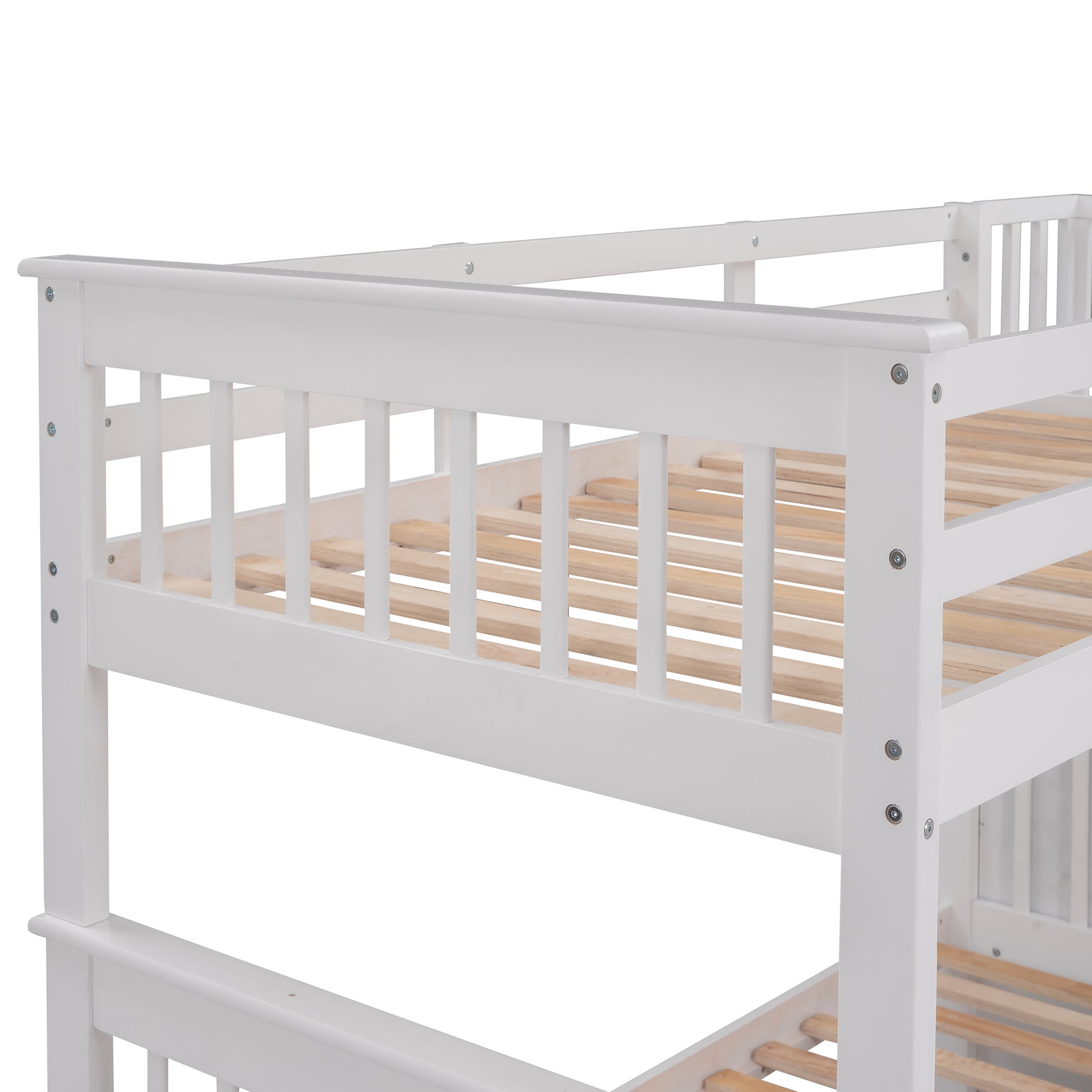 White wooden bunk bed frame with slatted base