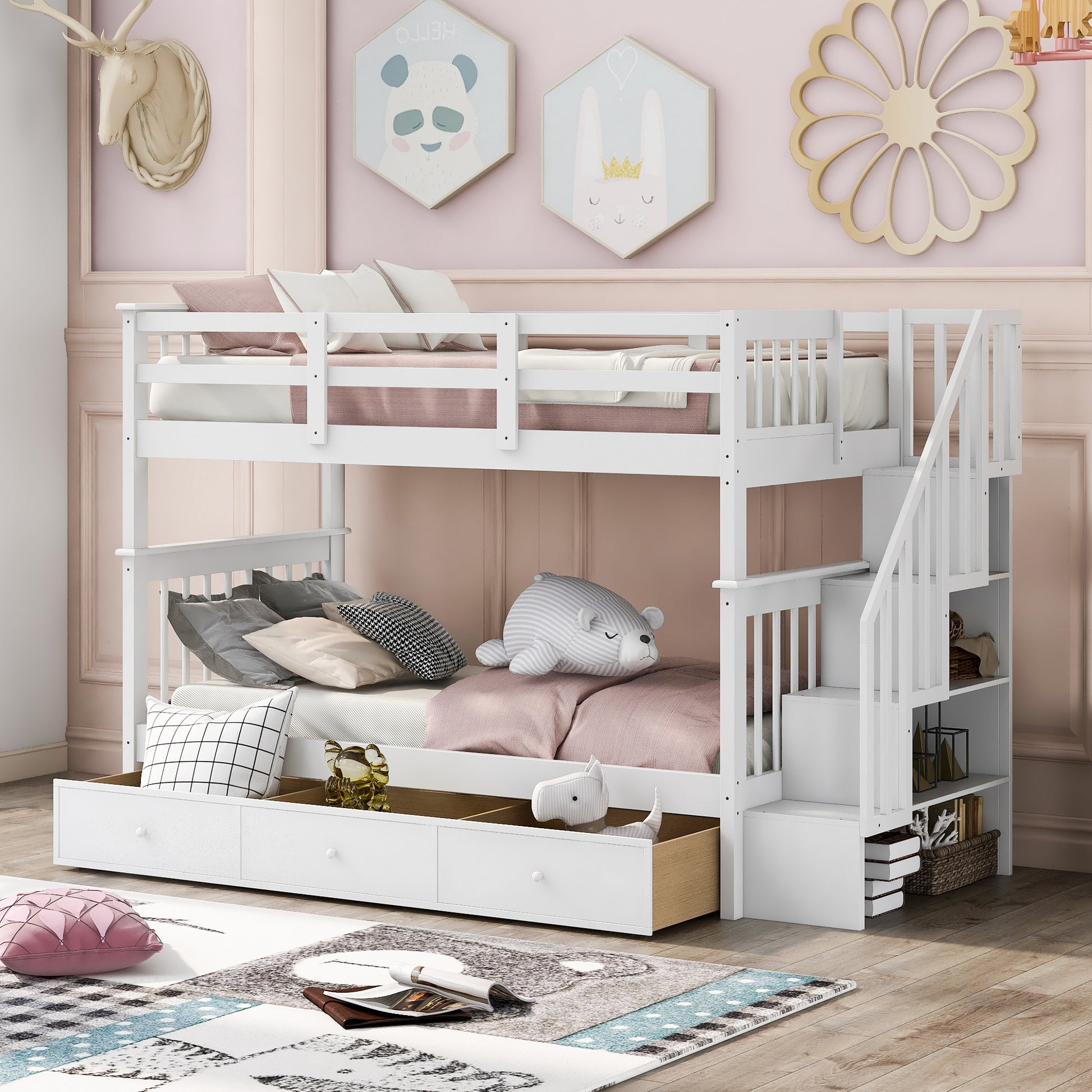 White wooden bunk bed with staircase and storage drawers