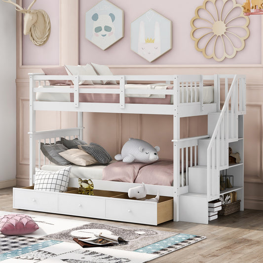 White wooden bunk bed with staircase and storage drawers