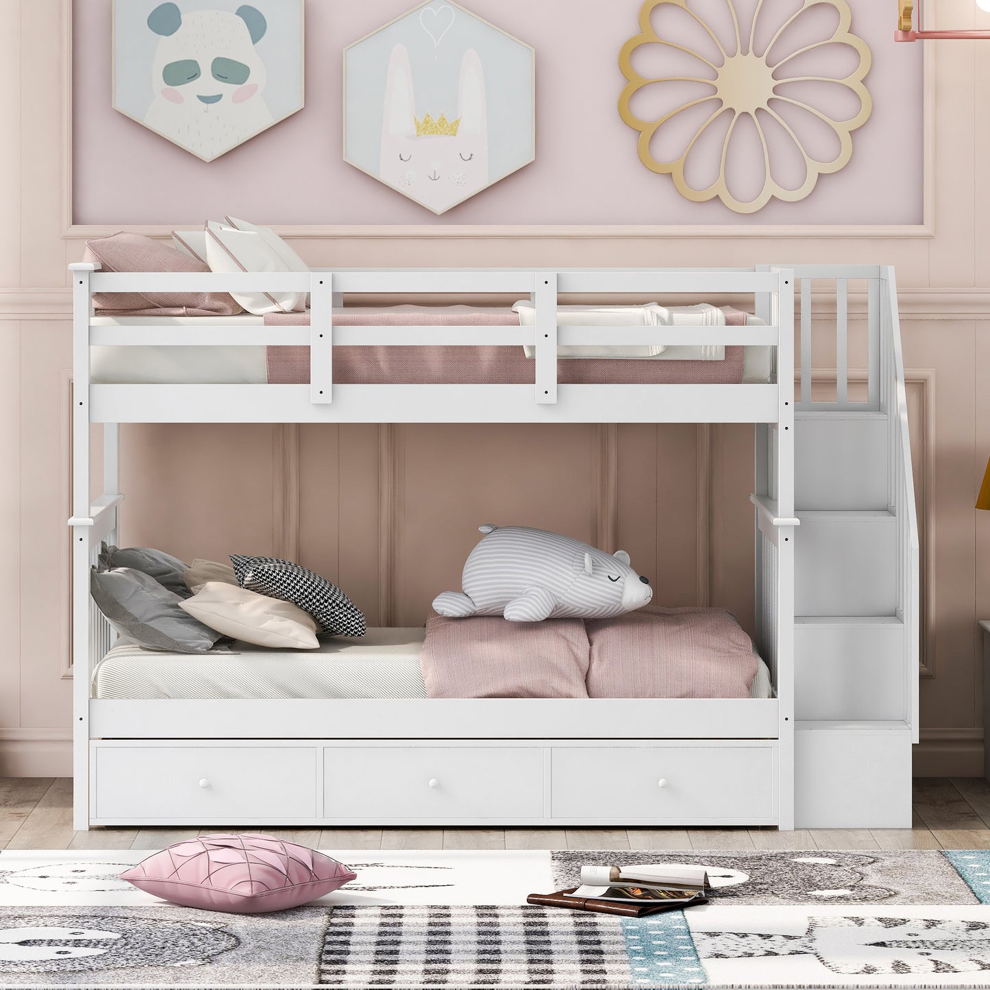 White wooden twin over twin bunk bed with trundle and storage drawers