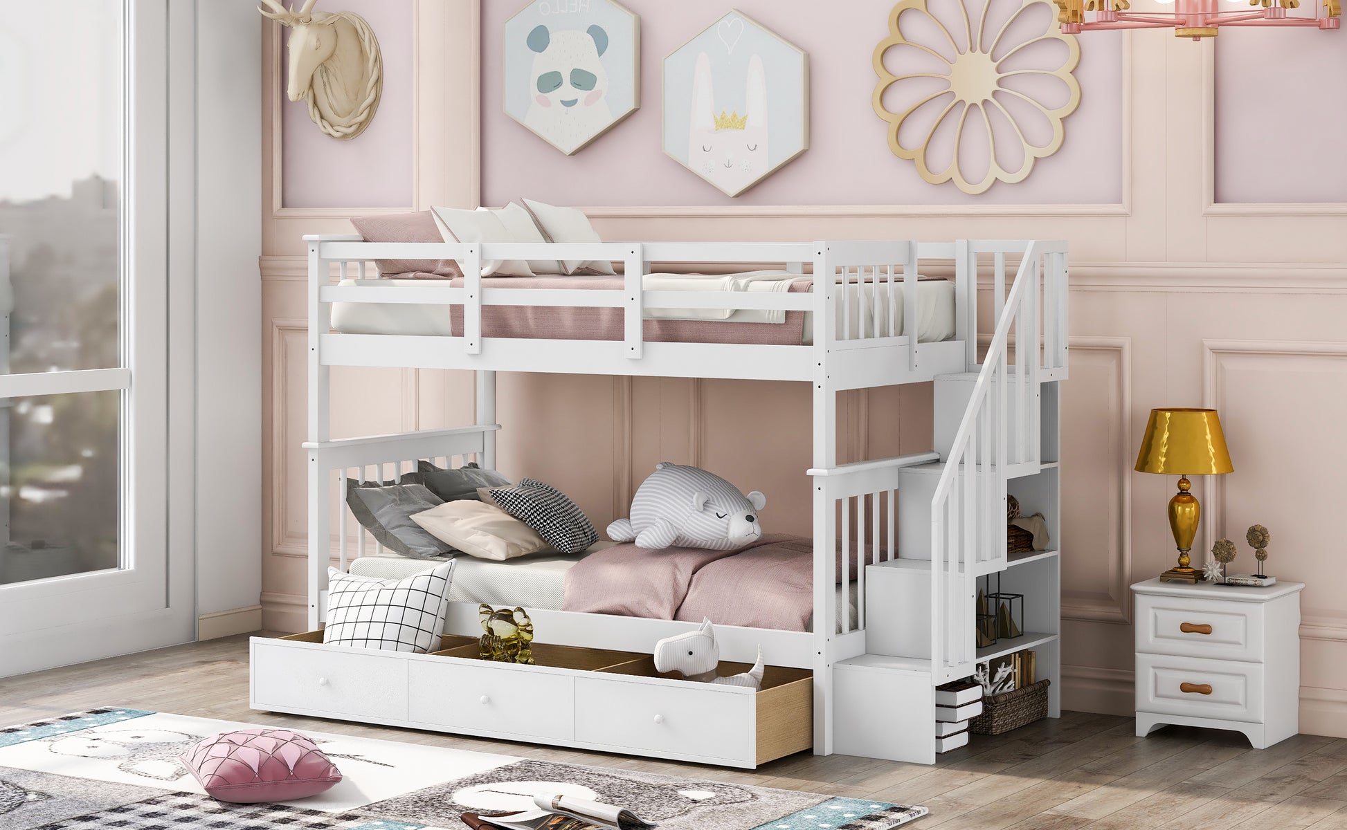 White wooden kids bunk bed with storage drawers and integrated stairs