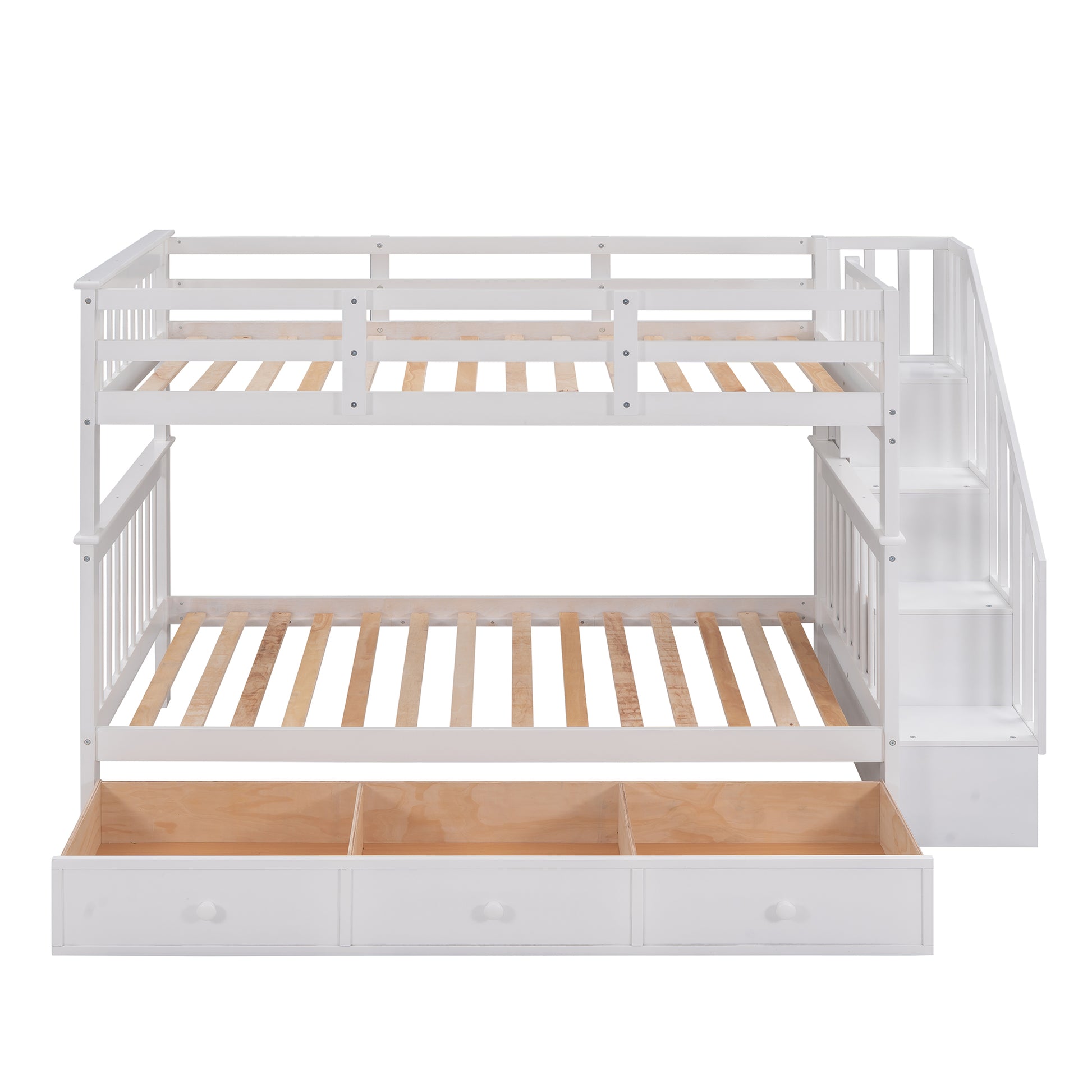 White twin over twin bunk bed with storage drawers and stairs