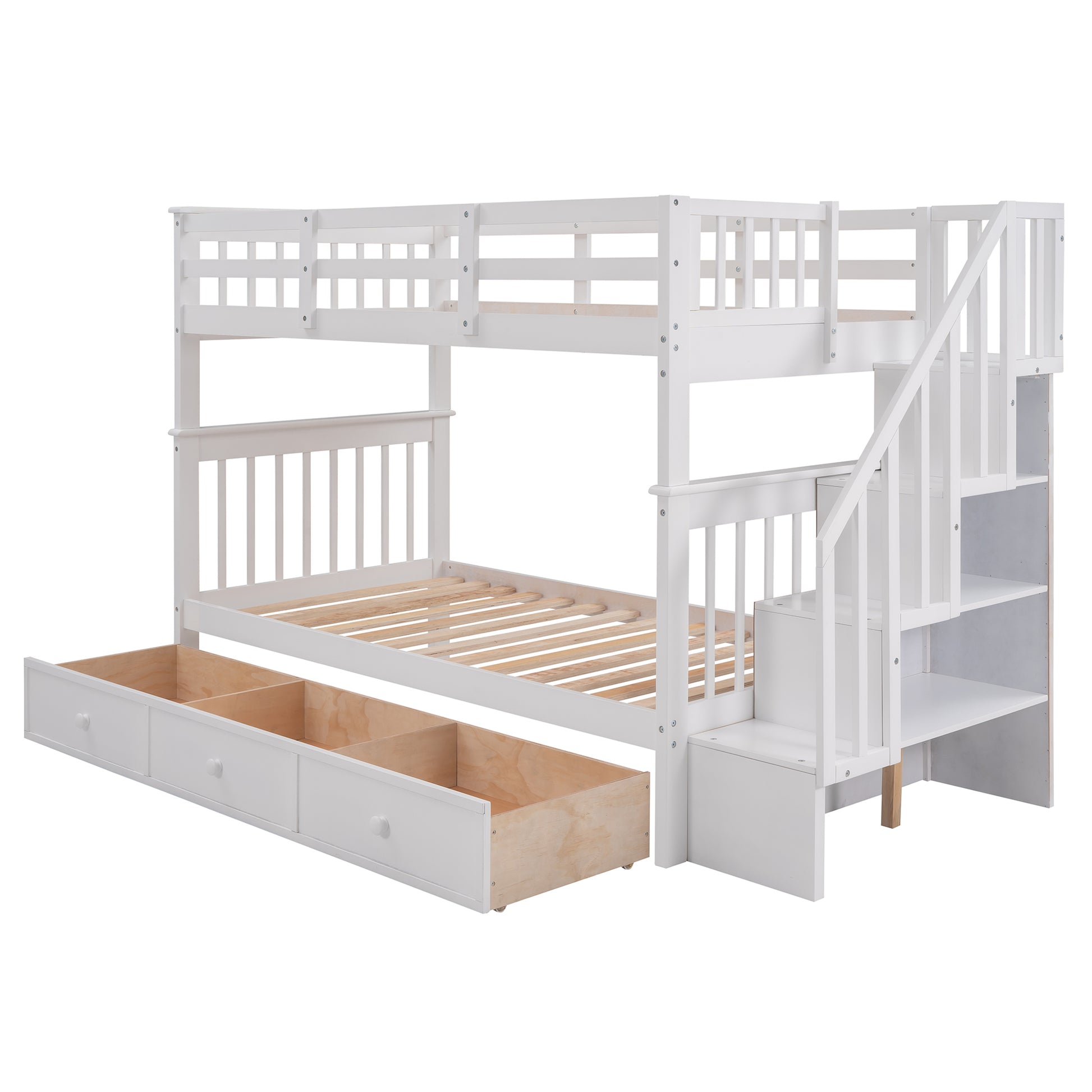 White wooden bunk bed with integrated storage drawers and staircase