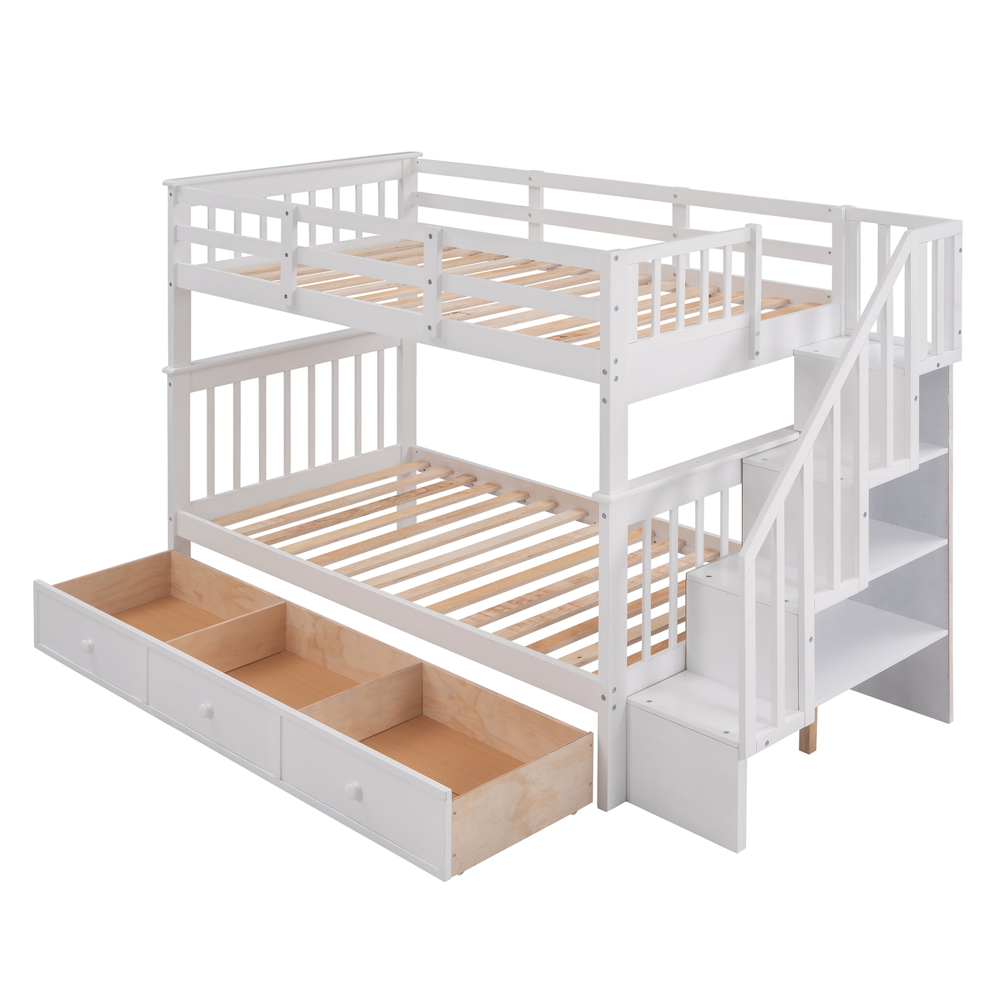 White wooden bunk bed with integrated stairs and storage drawers