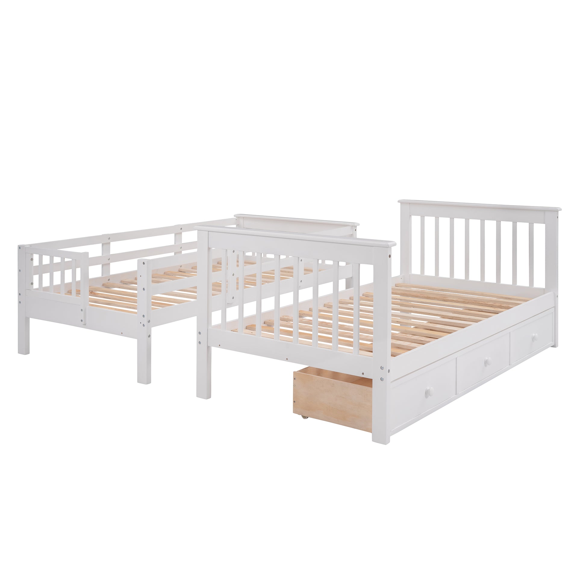 White twin over twin bunk bed with drawers and guardrail