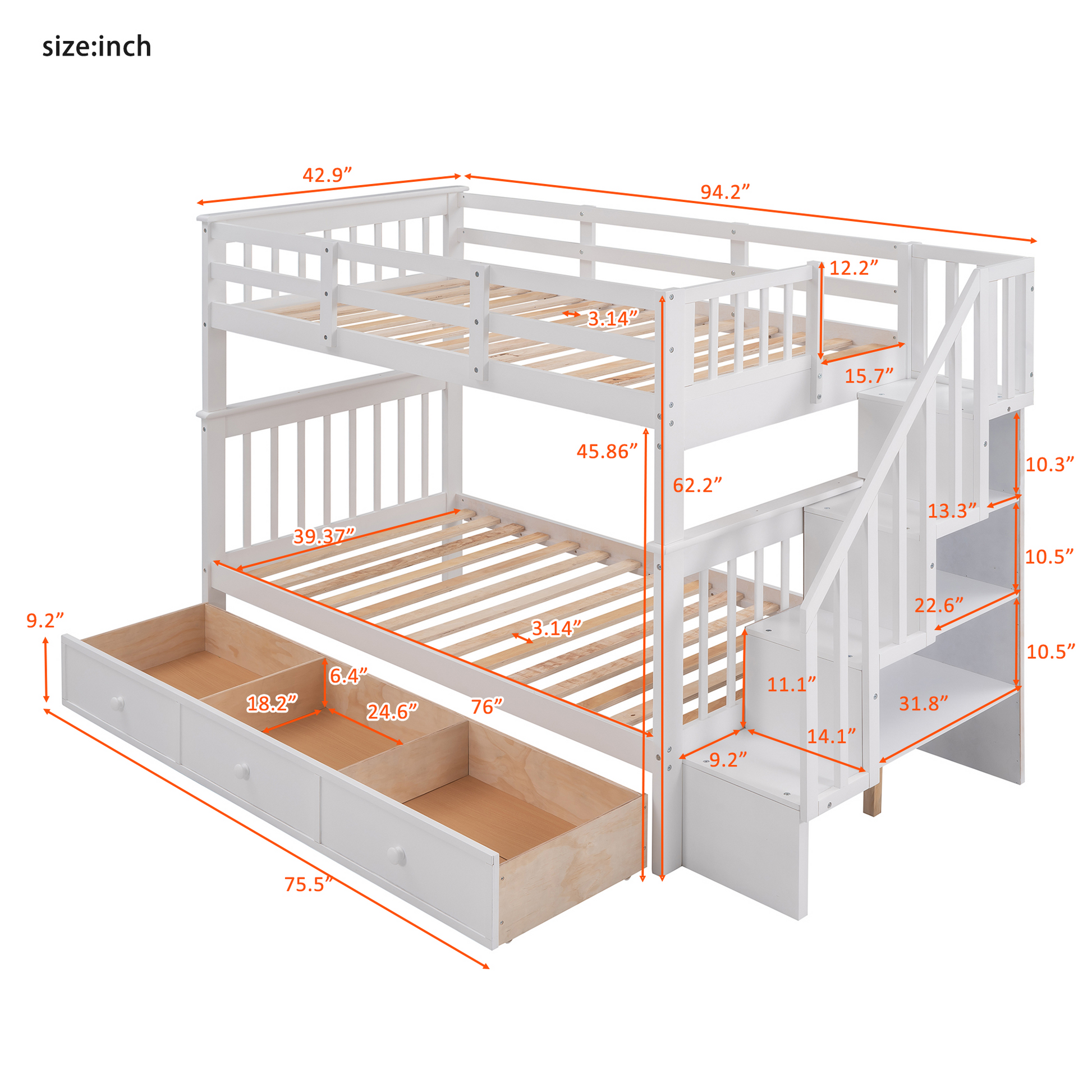 White twin over twin bunk bed with stairs and storage drawers