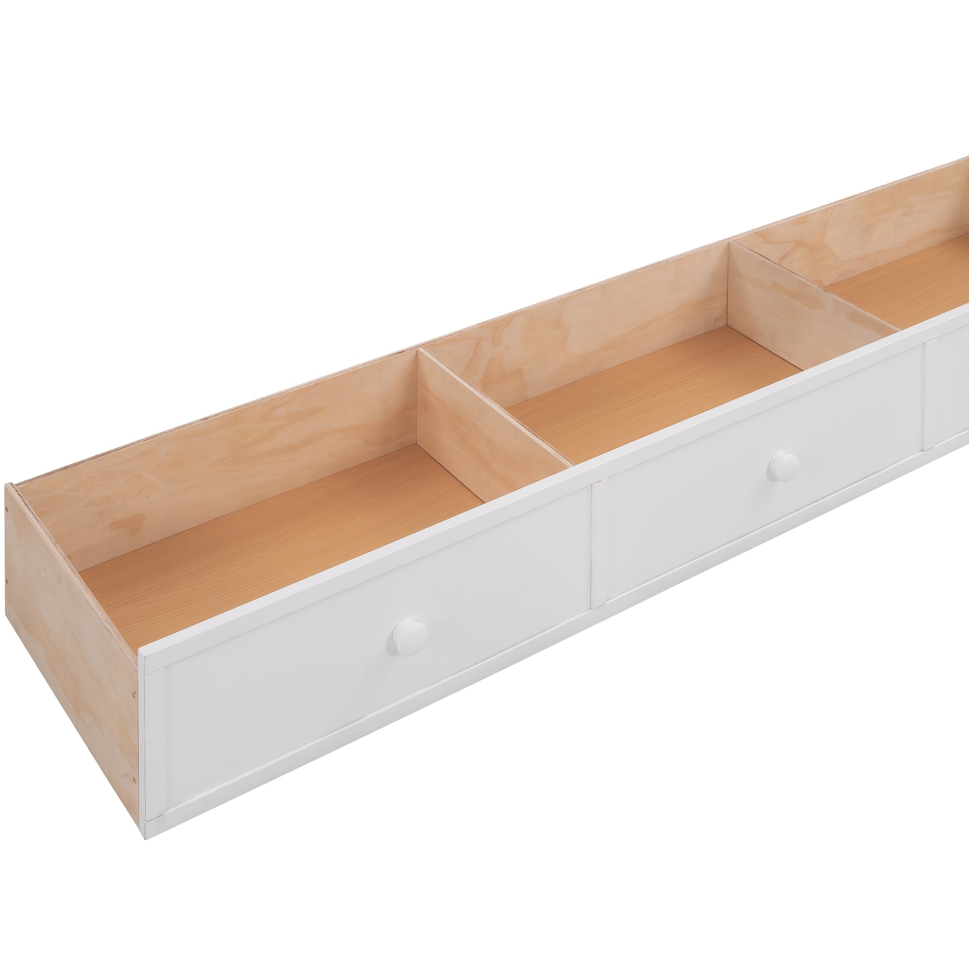 White wooden storage drawer with natural wood interior divisions and round knobs