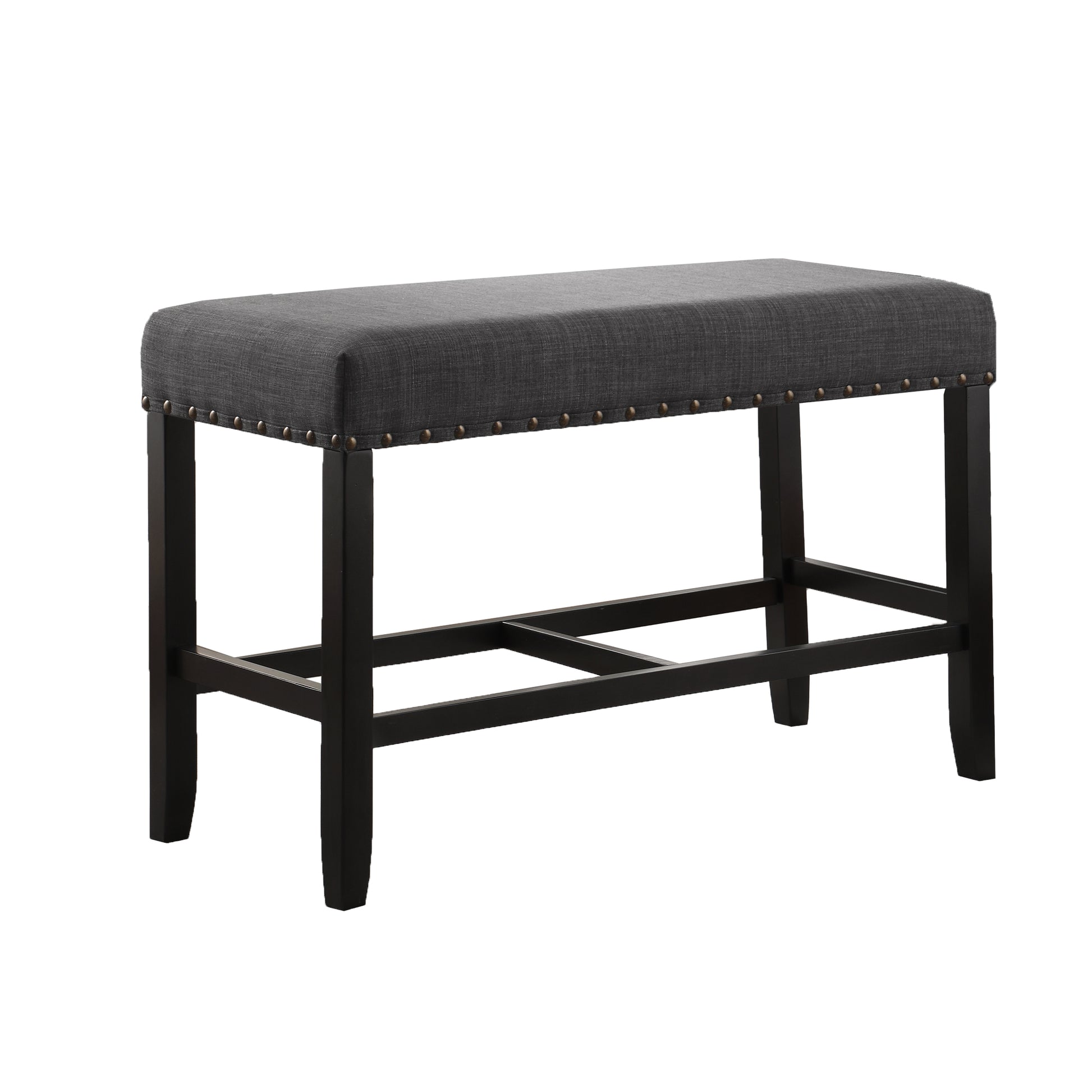 Dark gray upholstered bar stool with nailhead trim and dark wood legs