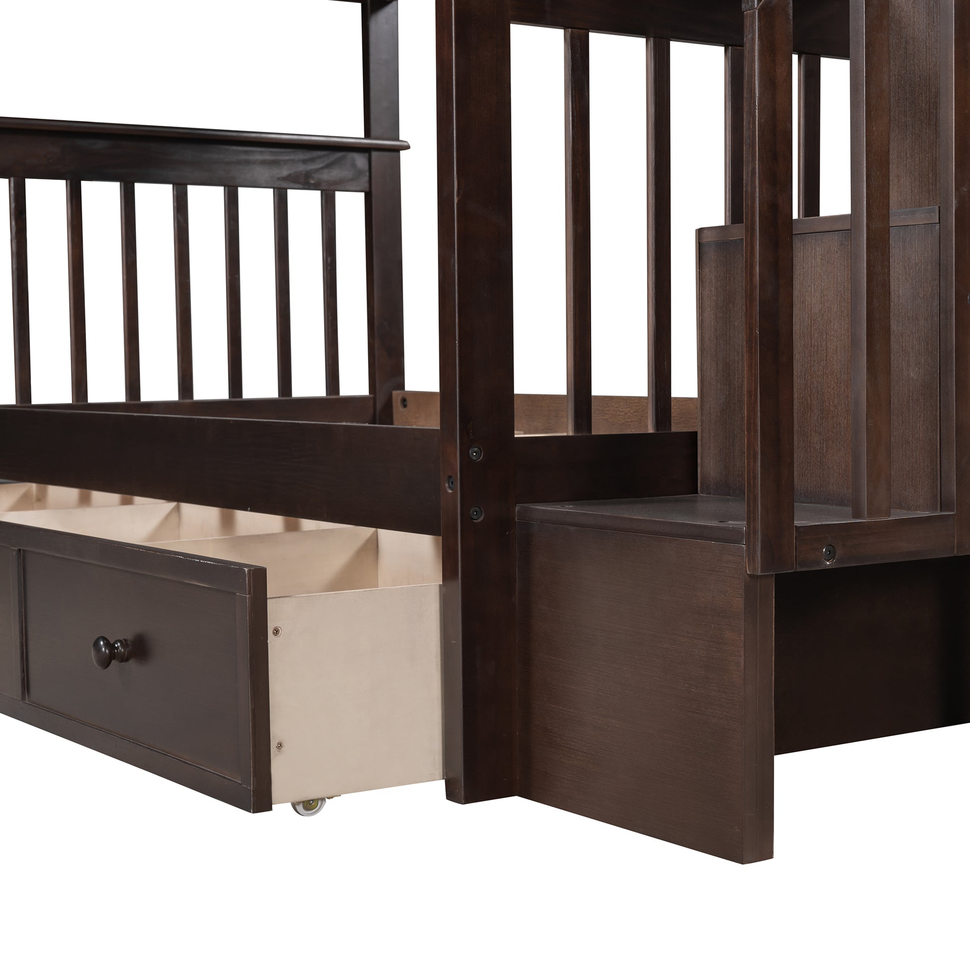 Dark wood bunk bed with open storage drawer on casters