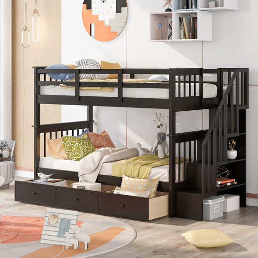 Dark brown wooden bunk bed with stairs and storage drawers