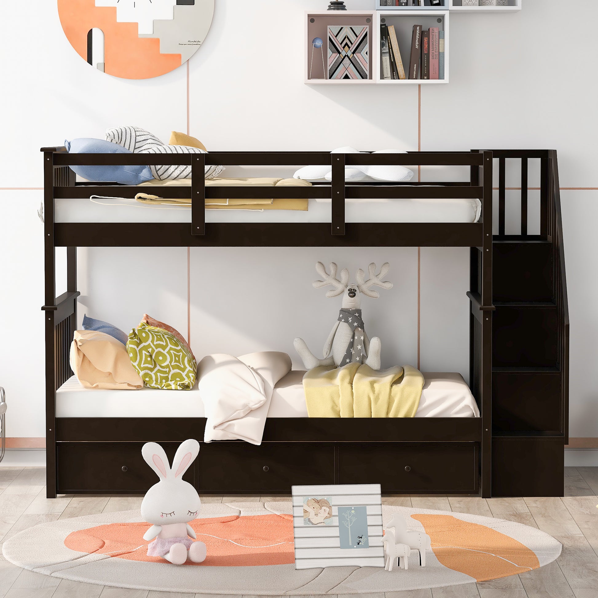 Dark brown wooden bunk bed with drawers