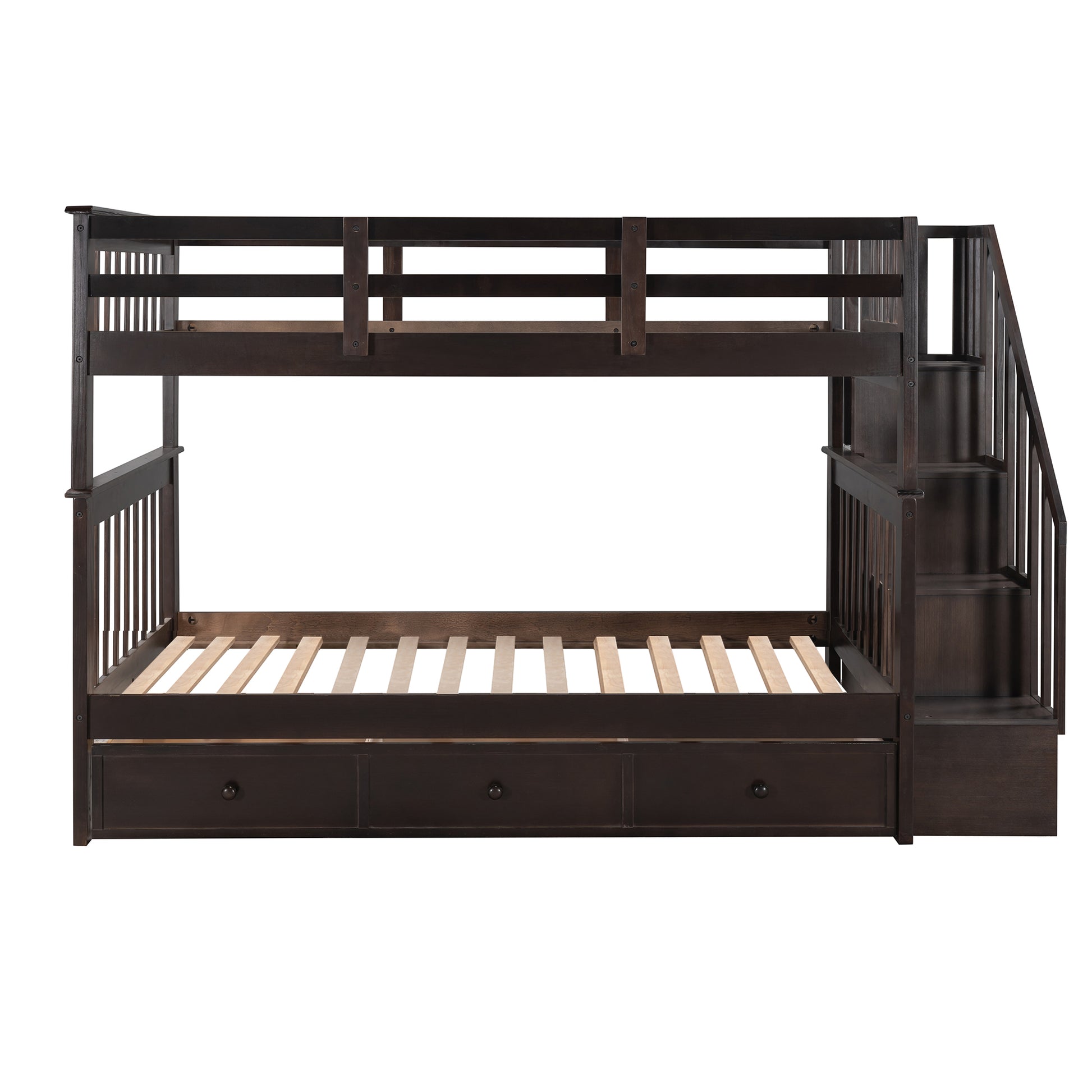 Dark brown wooden bunk bed with stairs and three storage drawers