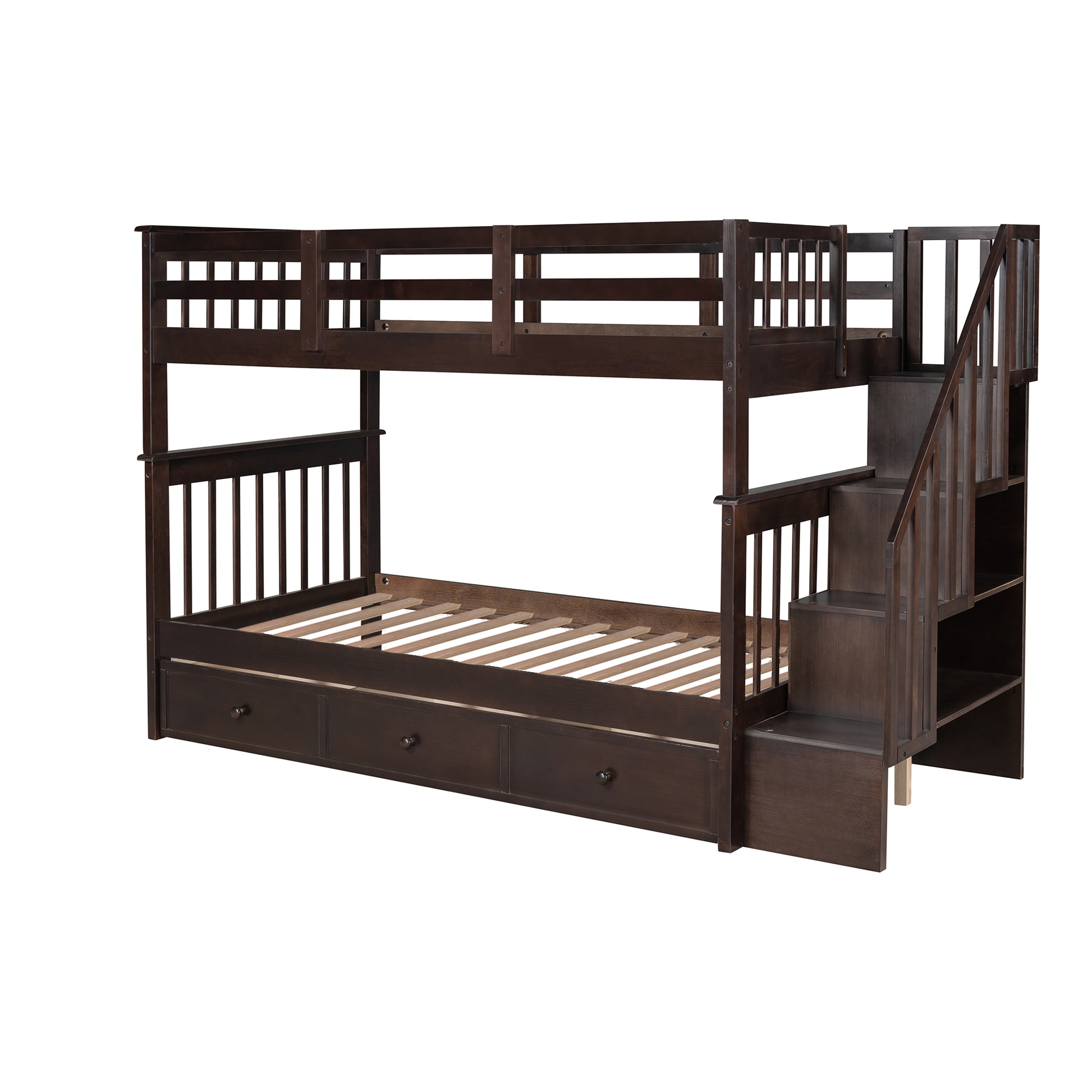 Dark brown wooden bunk bed with storage drawers and stairs