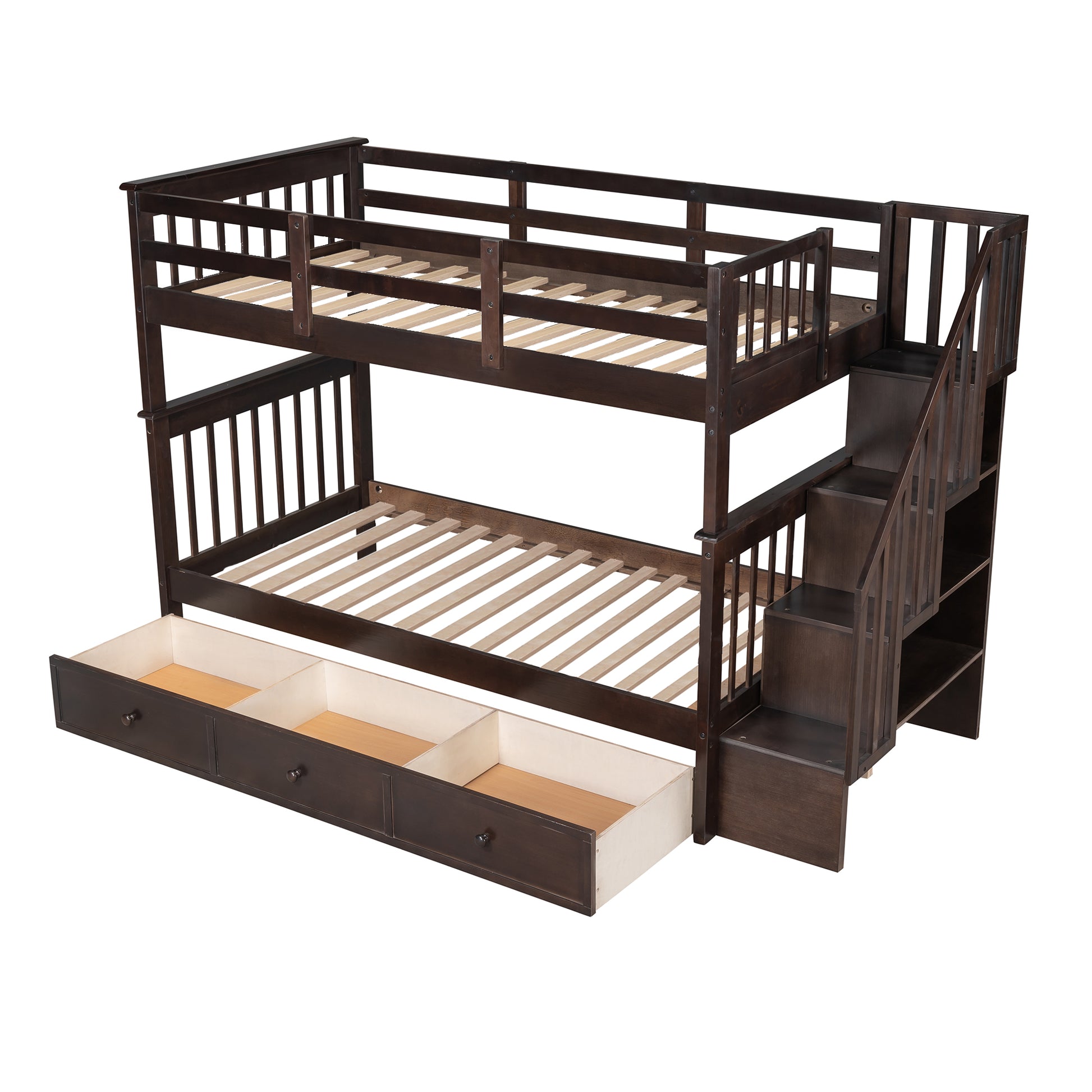 Dark wood twin over twin bunk bed with storage drawers