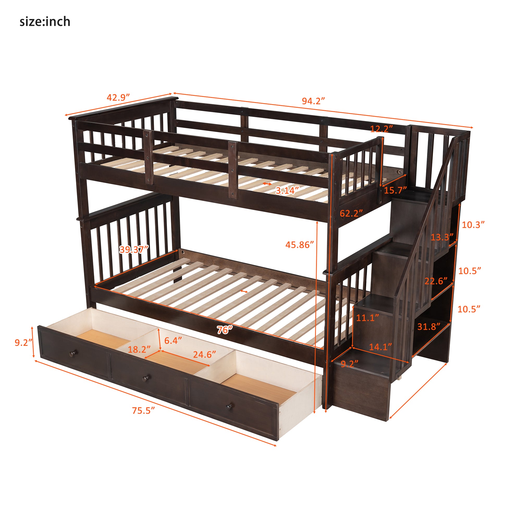 Dark brown wooden triple bunk bed with integrated stairs and drawers