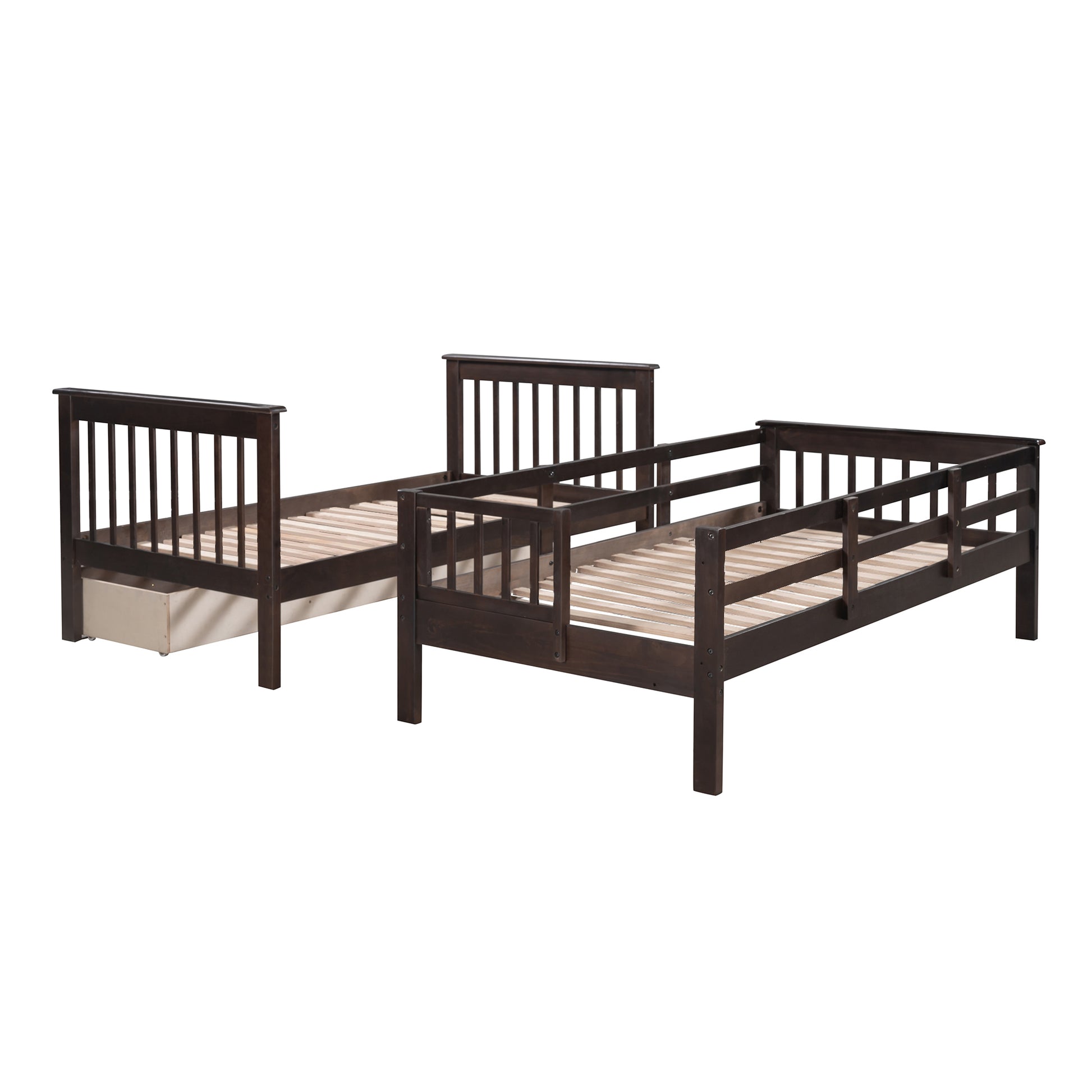 Dark brown wood toddler bed with rails and pullout drawer