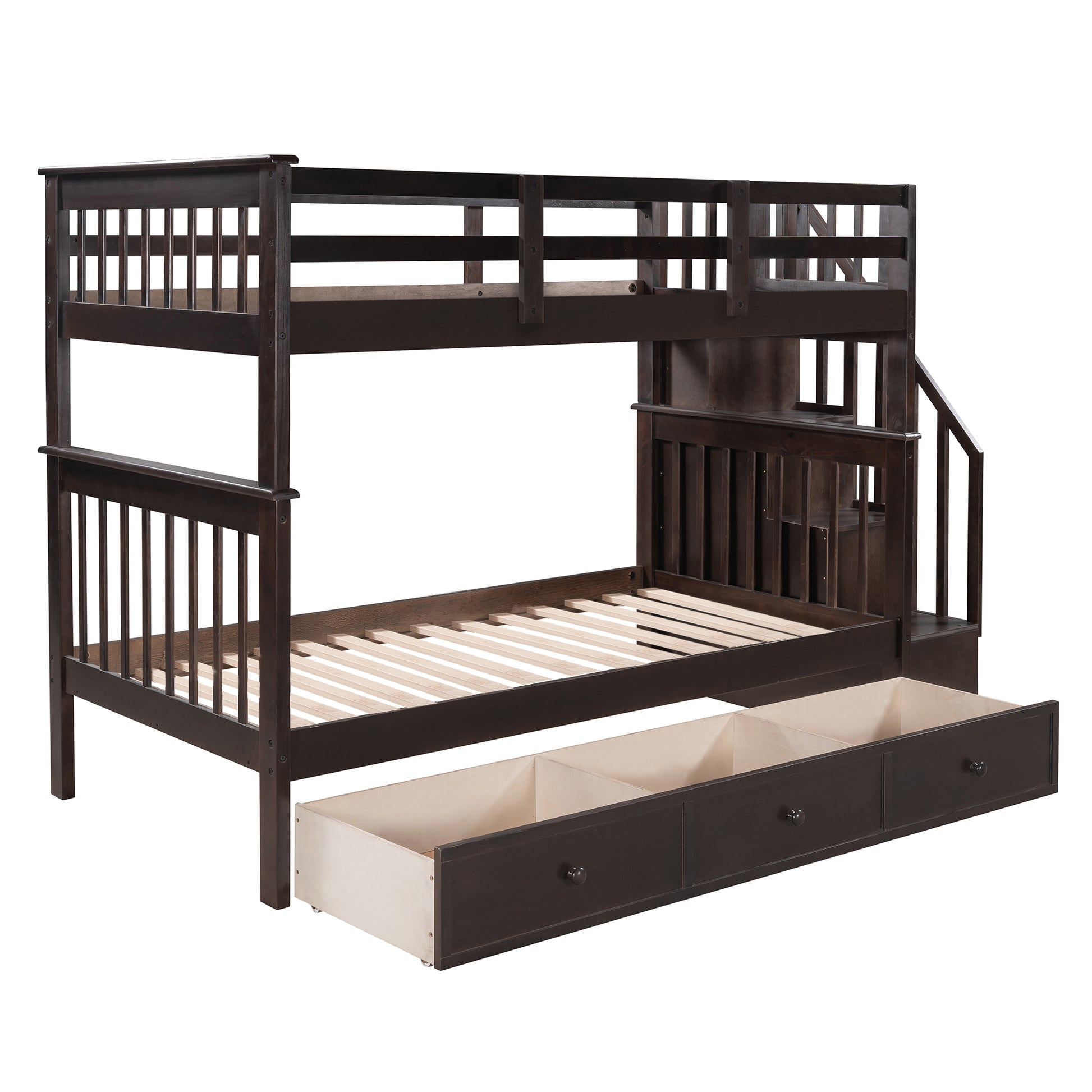 Dark brown wooden bunk bed with integrated stairs and storage drawers