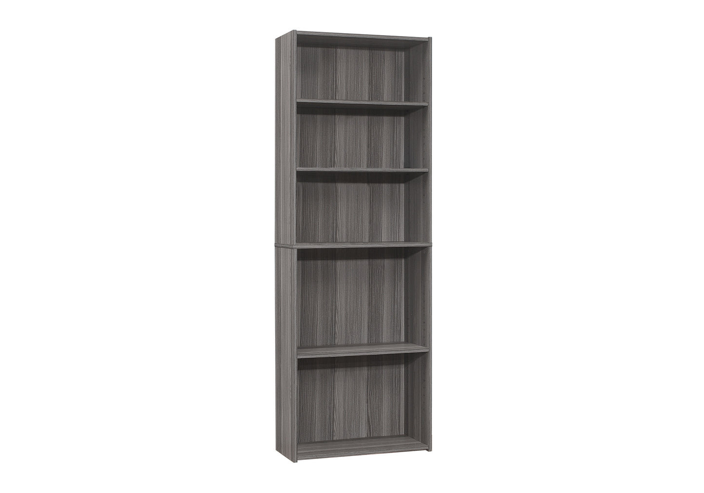 Tall gray wood bookshelf with six open shelves