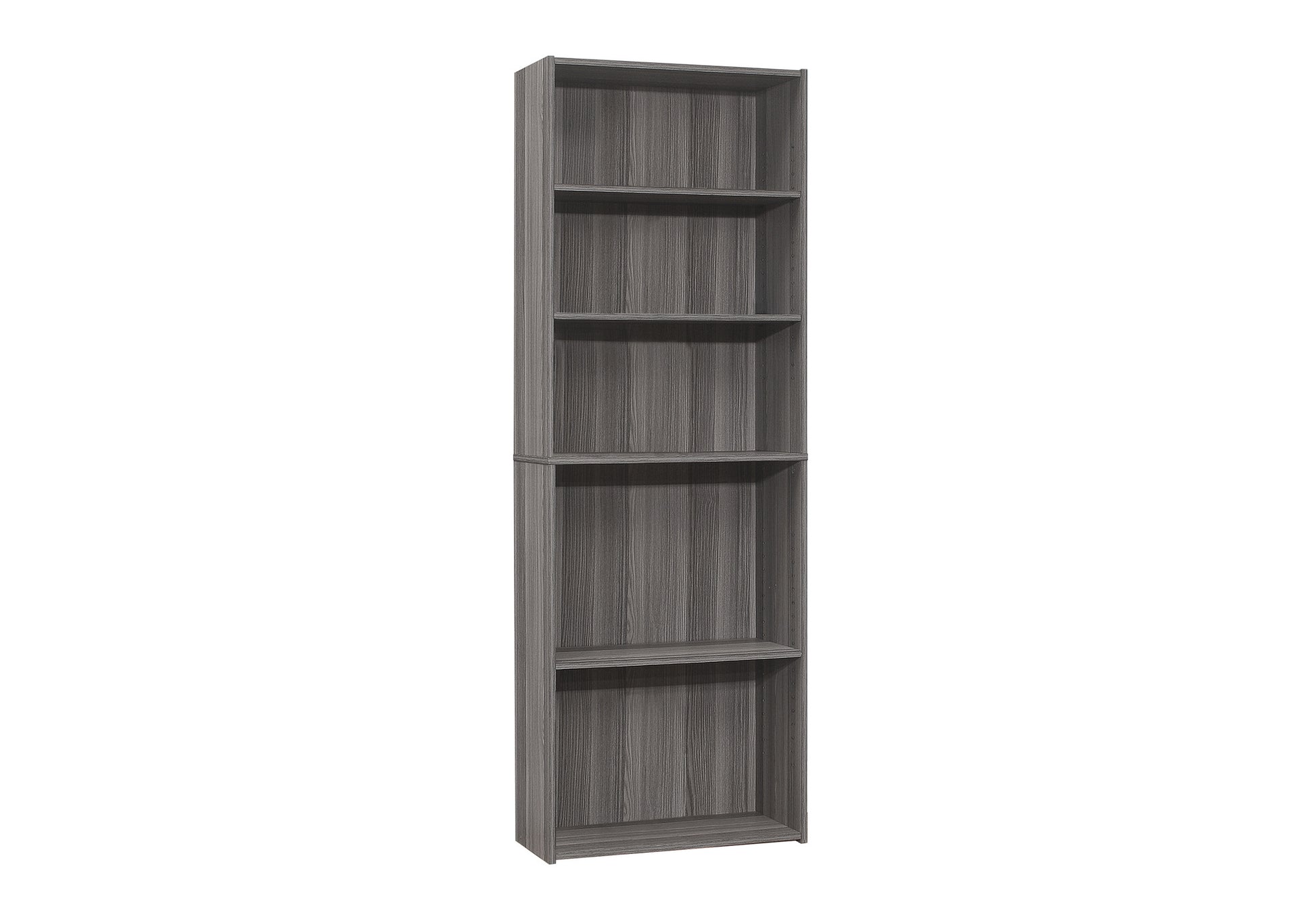 Tall gray wood bookshelf with six open shelves
