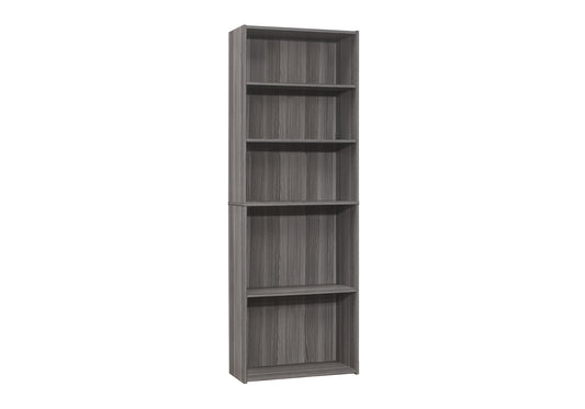 Tall gray wood bookshelf with six open shelves