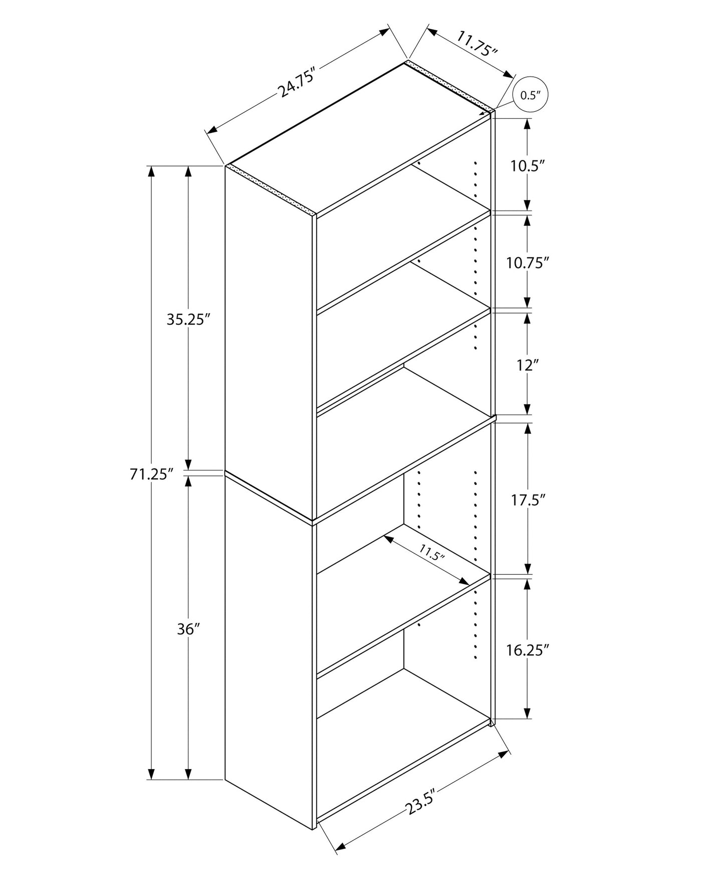 Technical drawing of a white shelf bookcase with dimensions