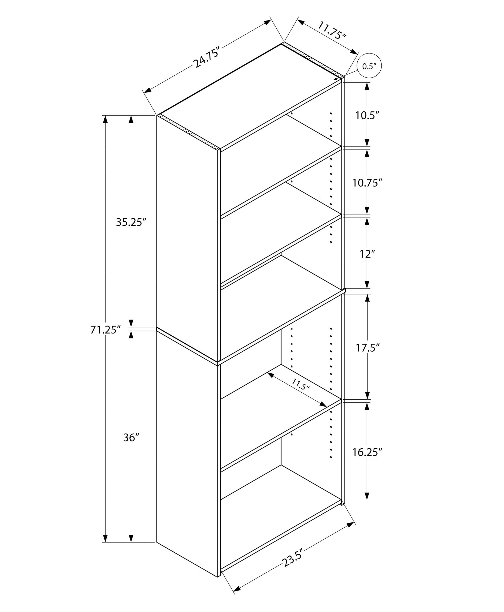 Technical drawing of a white shelf bookcase with dimensions