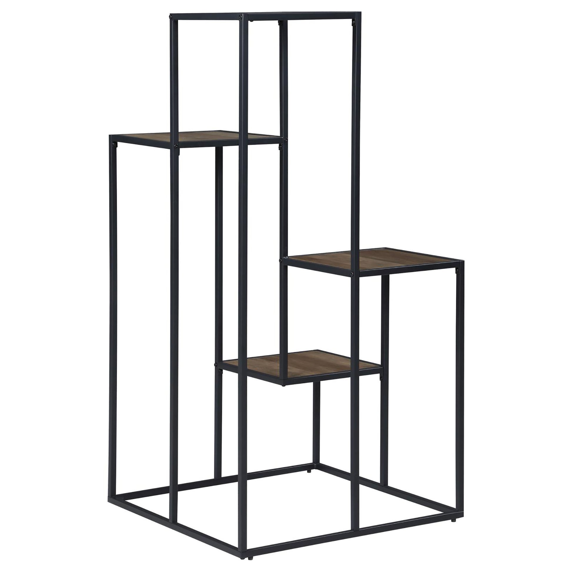 Black metal tiered plant stand with woodlook shelves